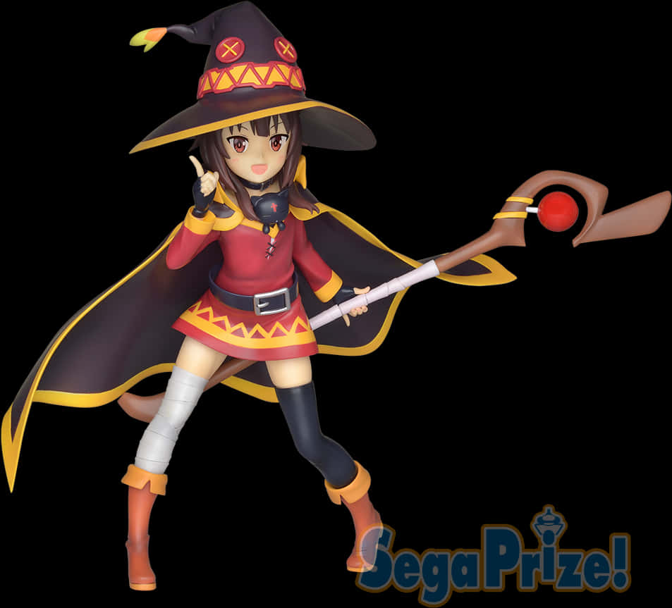《魔法少女小圓》梅格倫尼亞 SEGA 獎品人偶 壁紙 — 一個穿著紅黑服裝的開朗動漫女巫人偶，揮舞著法杖，自信地指向黑色背景。