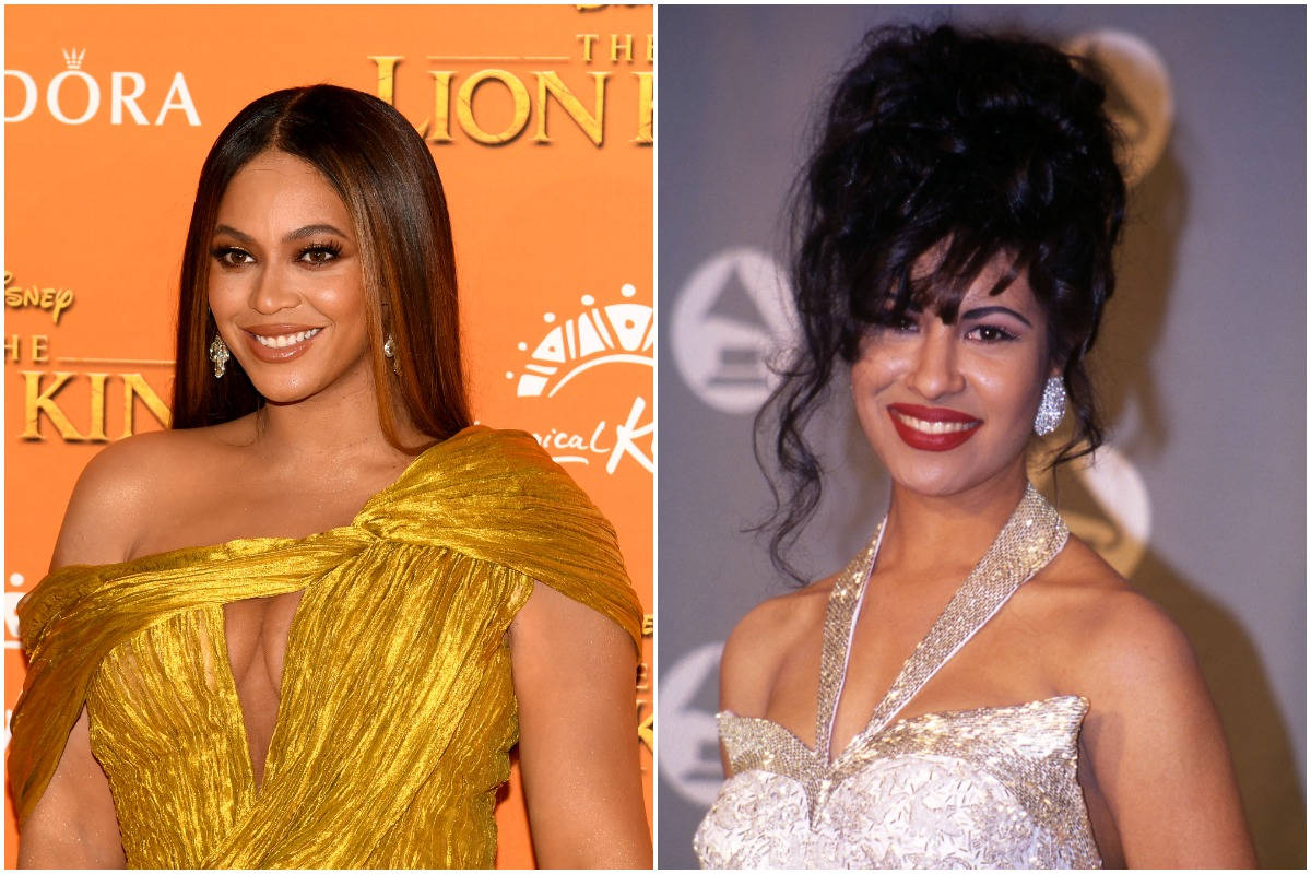 Selena Quintanilla 與 Beyoncé 對比照 壁紙 — Beyoncé 身穿金色長裙對著鏡頭微笑，旁邊是身穿銀色連衣裙的Gloria Estefan，兩人均出席華麗場合。