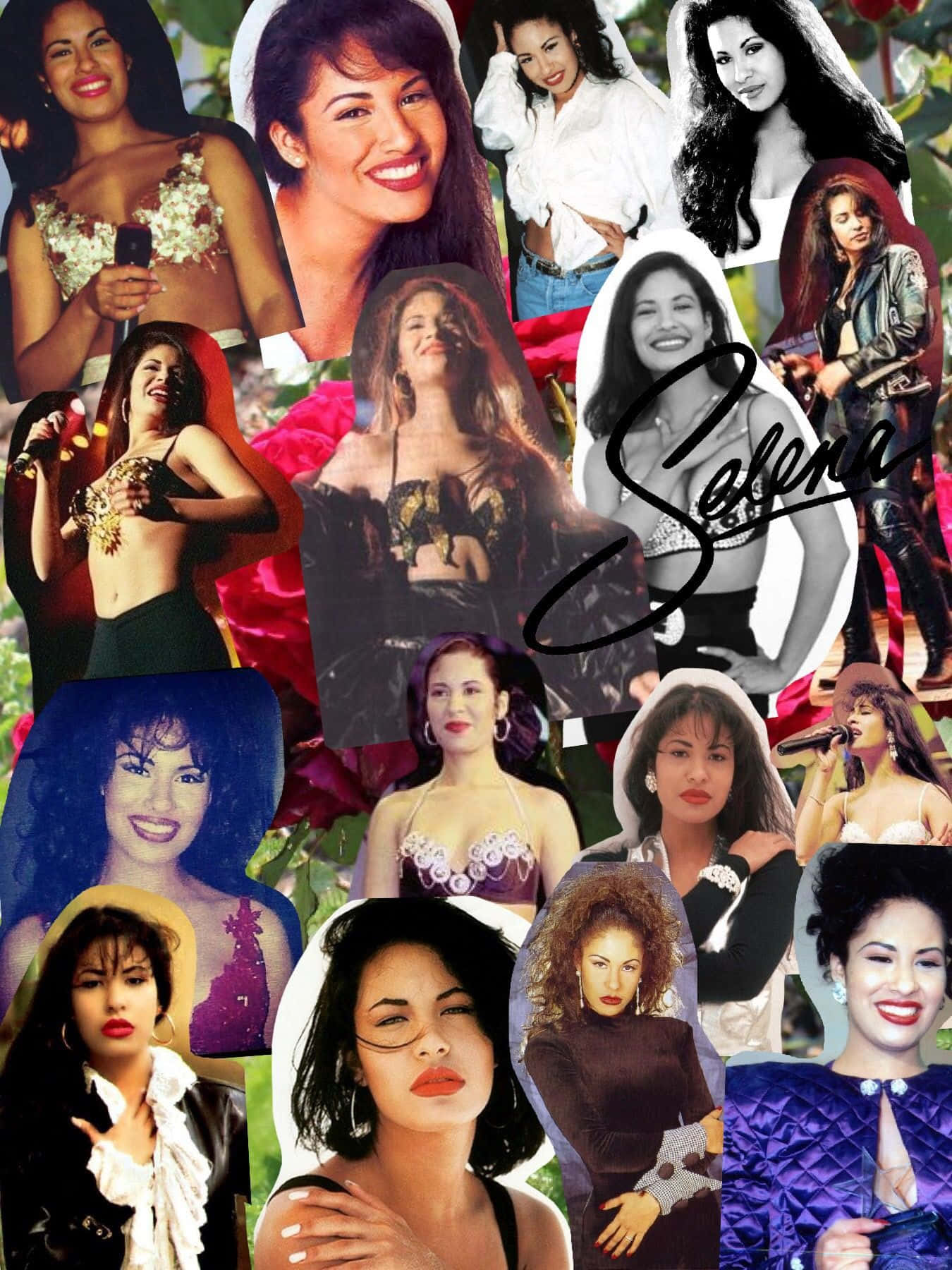 一幅色彩繽紛的拼貼畫，以多張照片和服裝展示Selena Quintanilla。