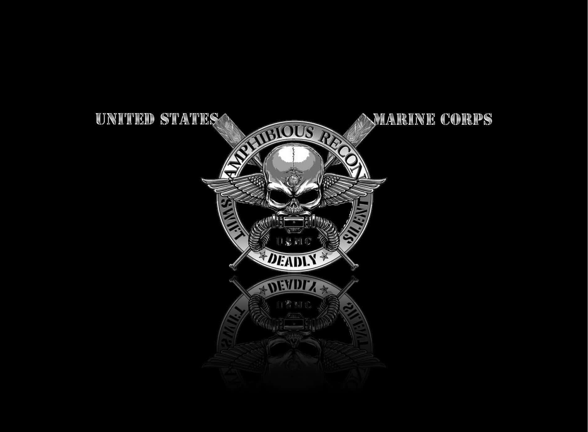 Semper Fi！美國海軍陸戰隊驕傲成員 壁紙 — 美國海軍陸戰隊兩棲偵察部隊的鮮明黑白徽章，黑色背景上帶有骷髏頭、翅膀和交叉步槍，並有鏡像反射。