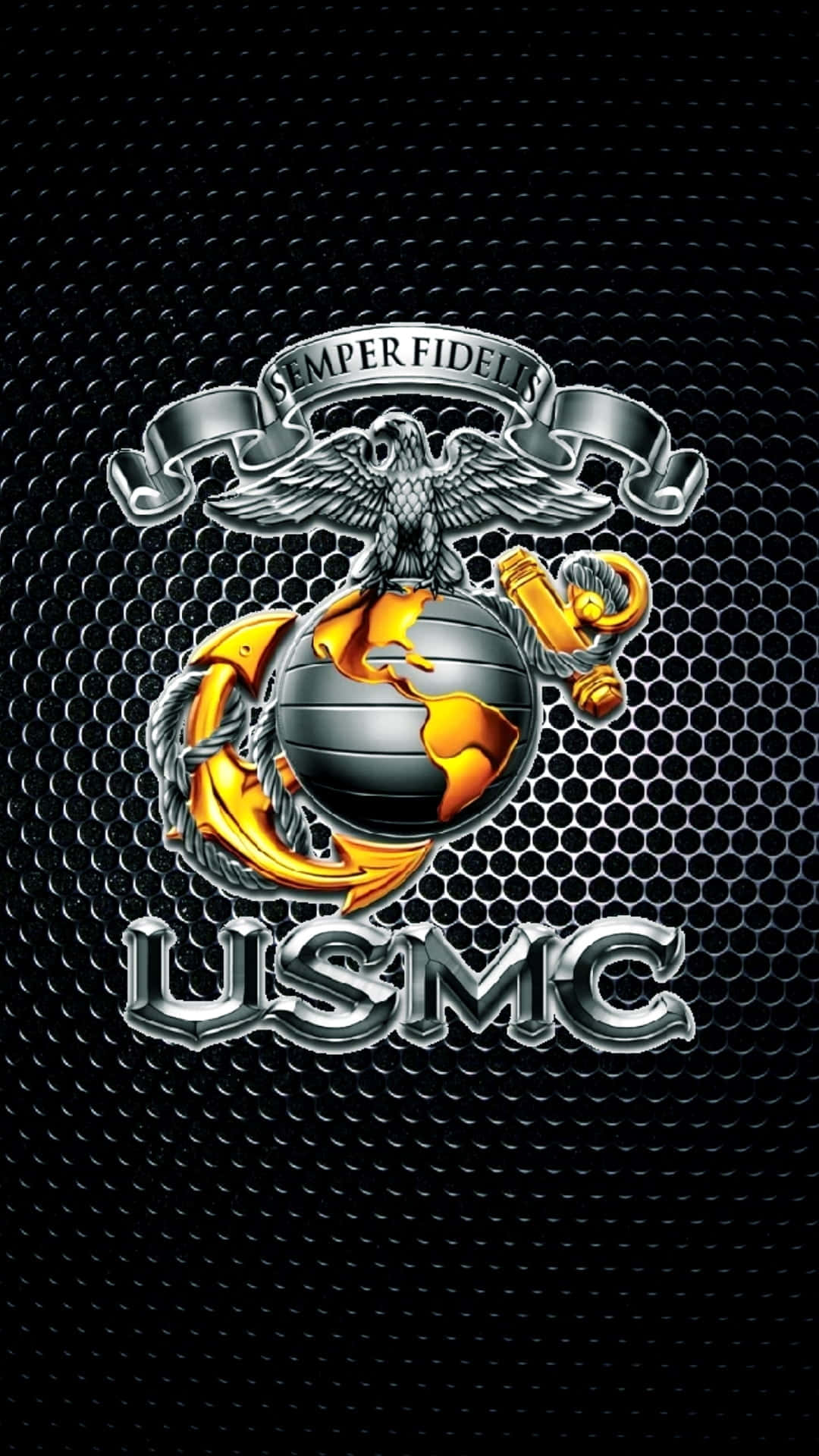 深色網格背景上的 USMC 徽章 鷹 地球 錨
