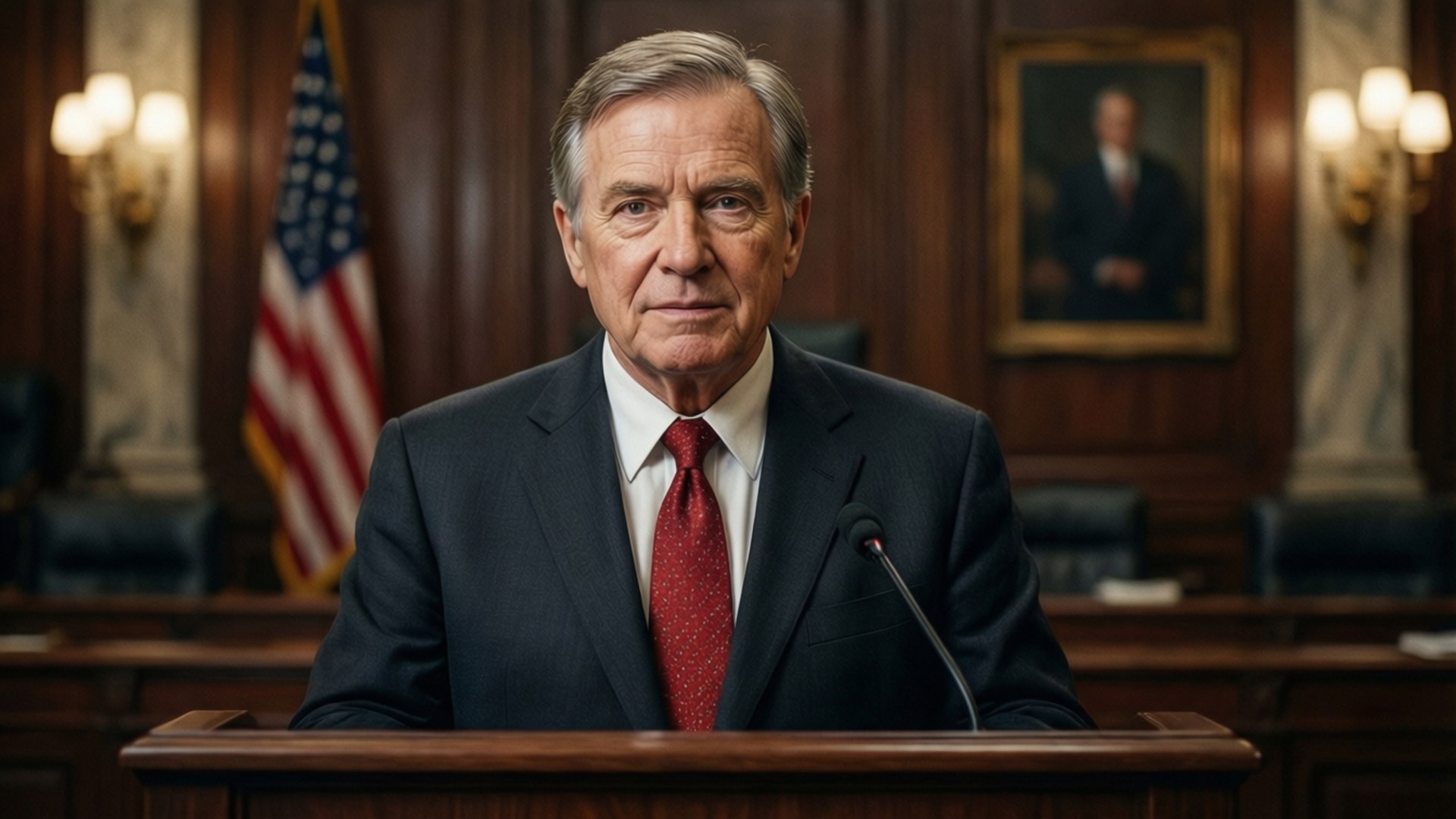 An older man in a suit and red tie stands at a wooden podium in a government chamber. 壁紙