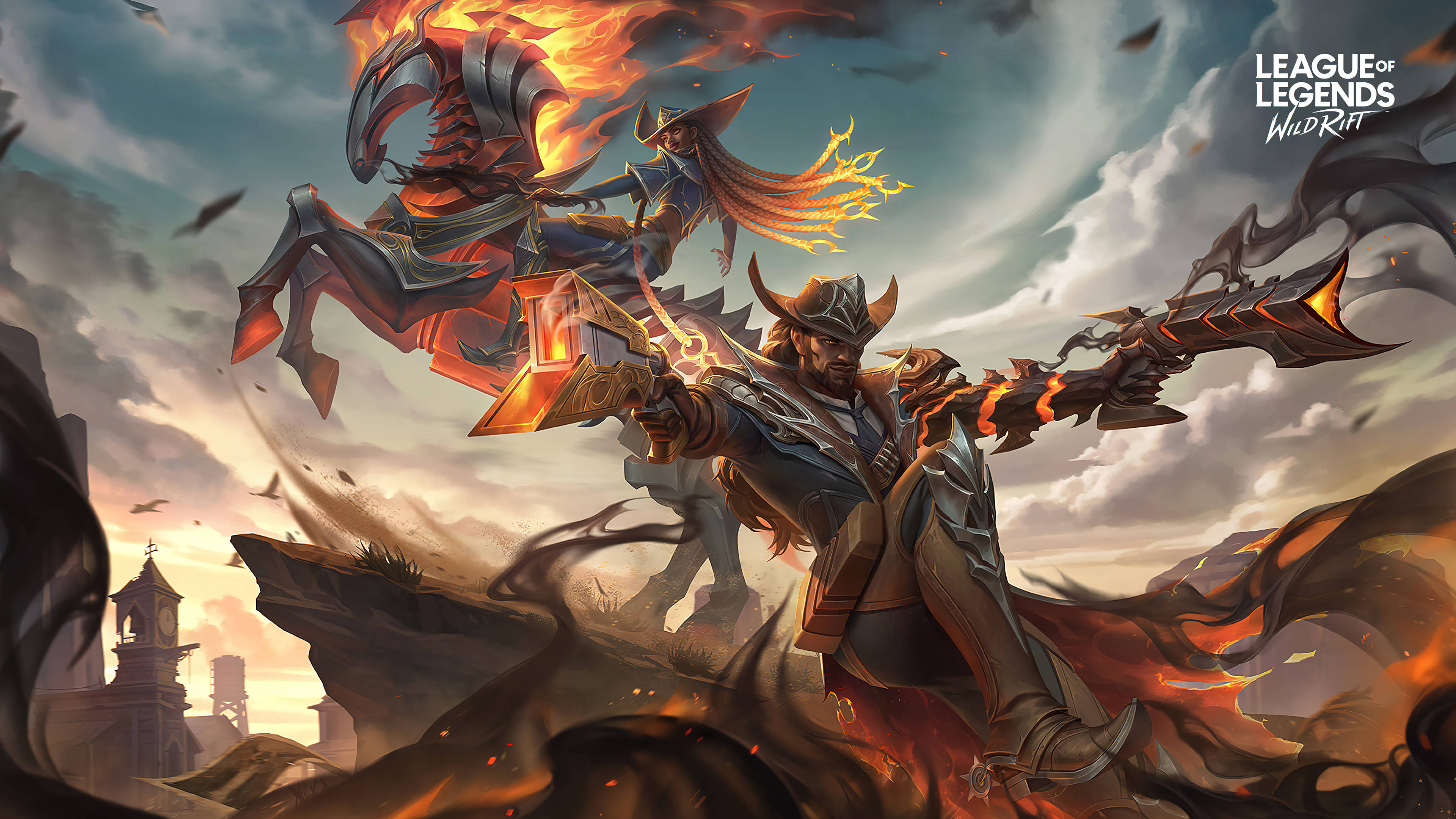 Senna與Lucian戰鬥 Wild Rift 壁紙 — 一名身穿火焰盔甲的戰士騎著一匹烈焰戰馬，在風暴肆虐的戰場上拔出閃耀的武器。