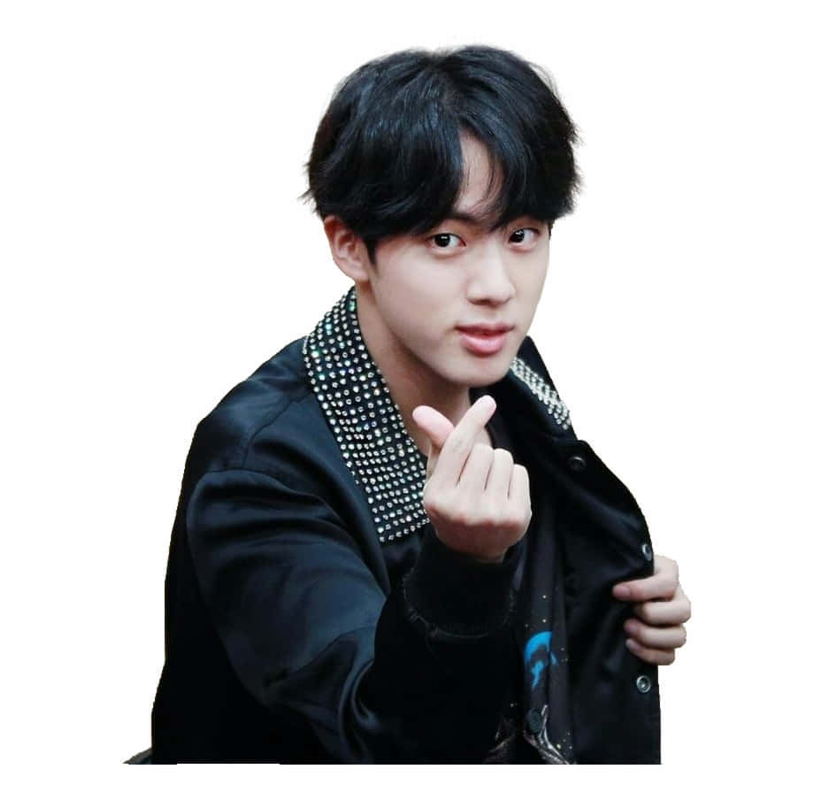 Seokjin BTS 指心手勢 壁紙 — 一位黑髮年輕男子穿著帶有鉚釘領的黑色外套，對著鏡頭做出手指愛心手勢。