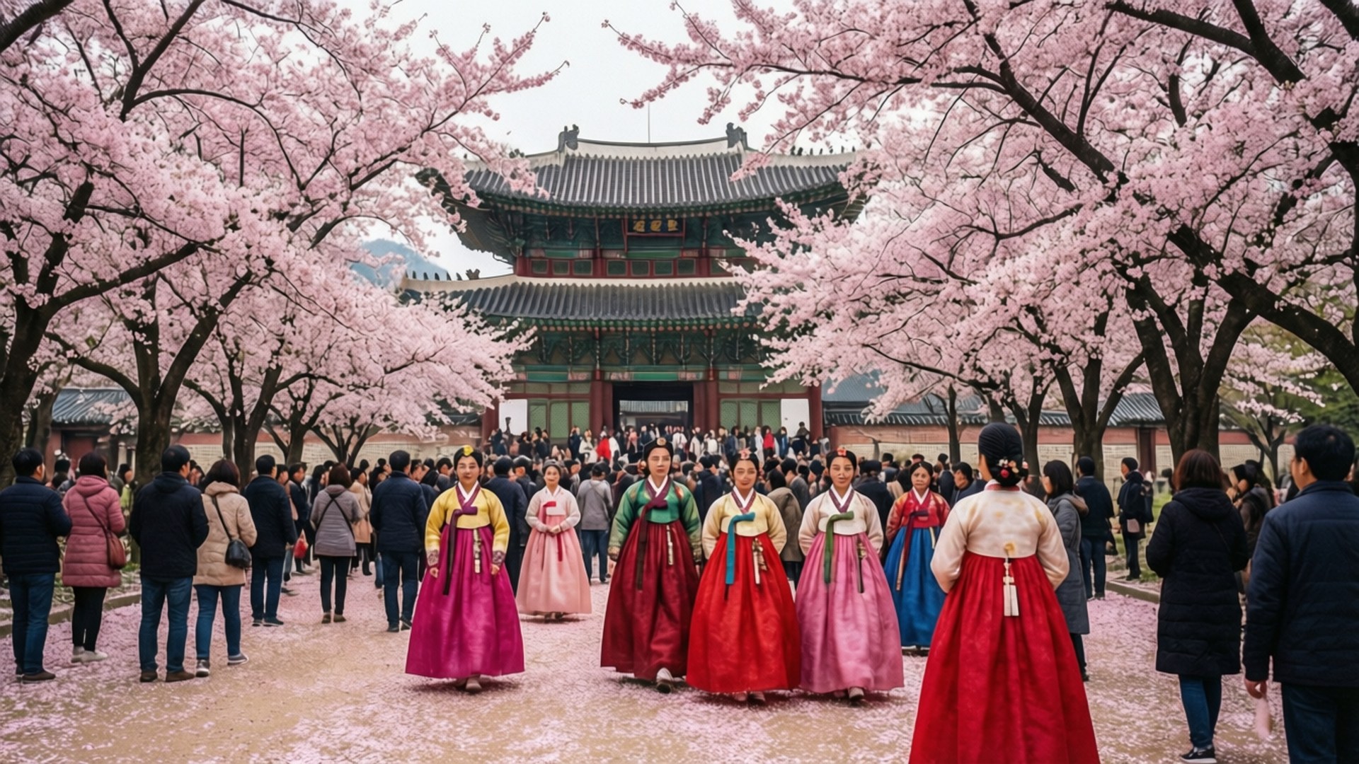 穿著色彩繽紛韓服的女性在粉紅色櫻花下漫步走向韓國宮殿大門。