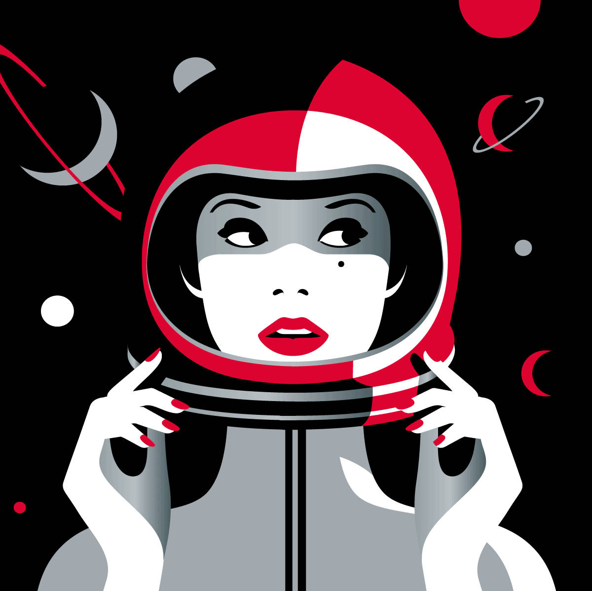 Sephora 星際宇宙風 壁紙 — 一位風格化的女太空人，戴著紅白頭盔，在行星和新月的宇宙背景下向上凝視。