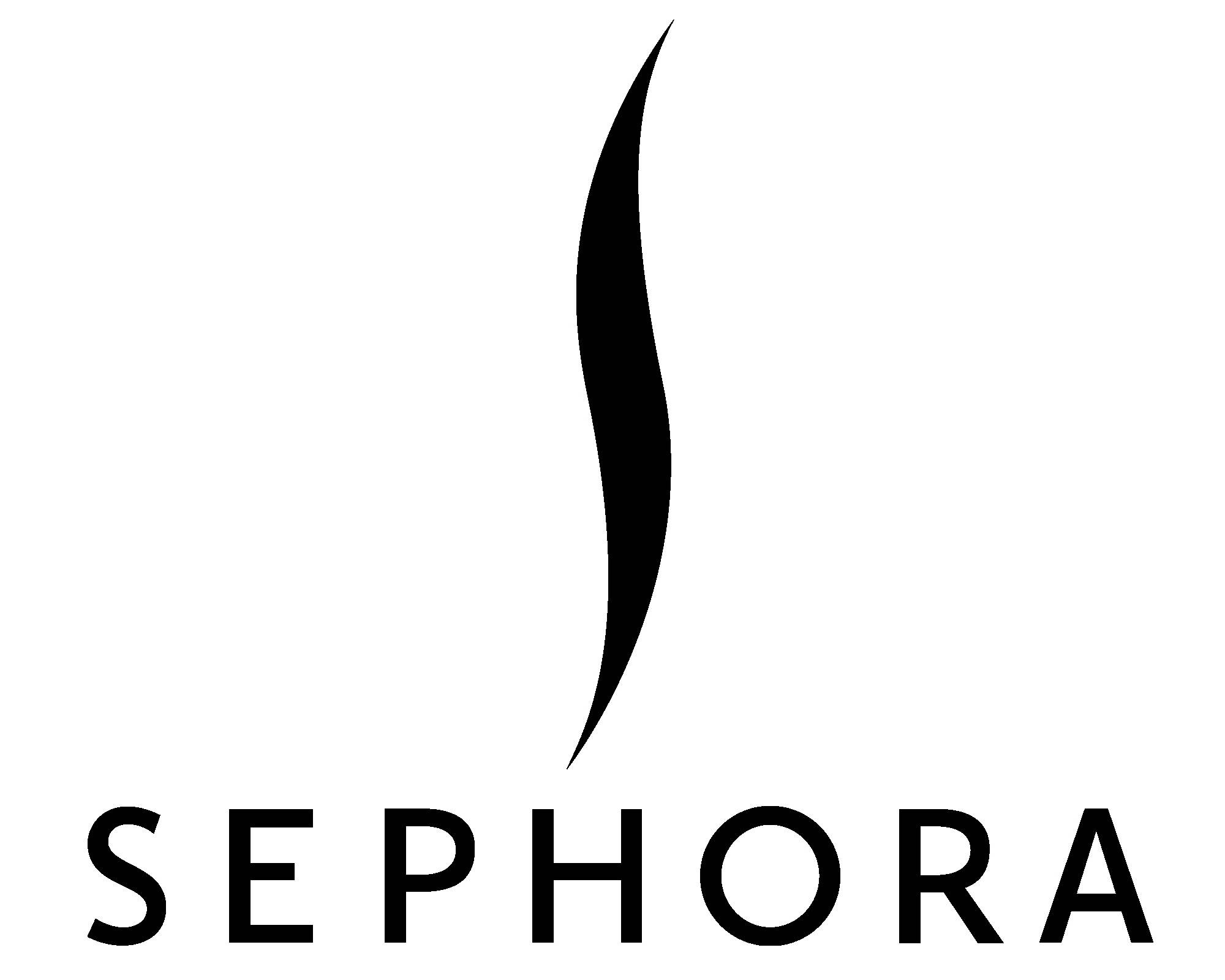 Sephora 白底黑字標誌壁紙 壁紙 — 在純白色背景上，品牌名稱上方帶有風格化彎曲標記的粗體黑色Sephora標誌。