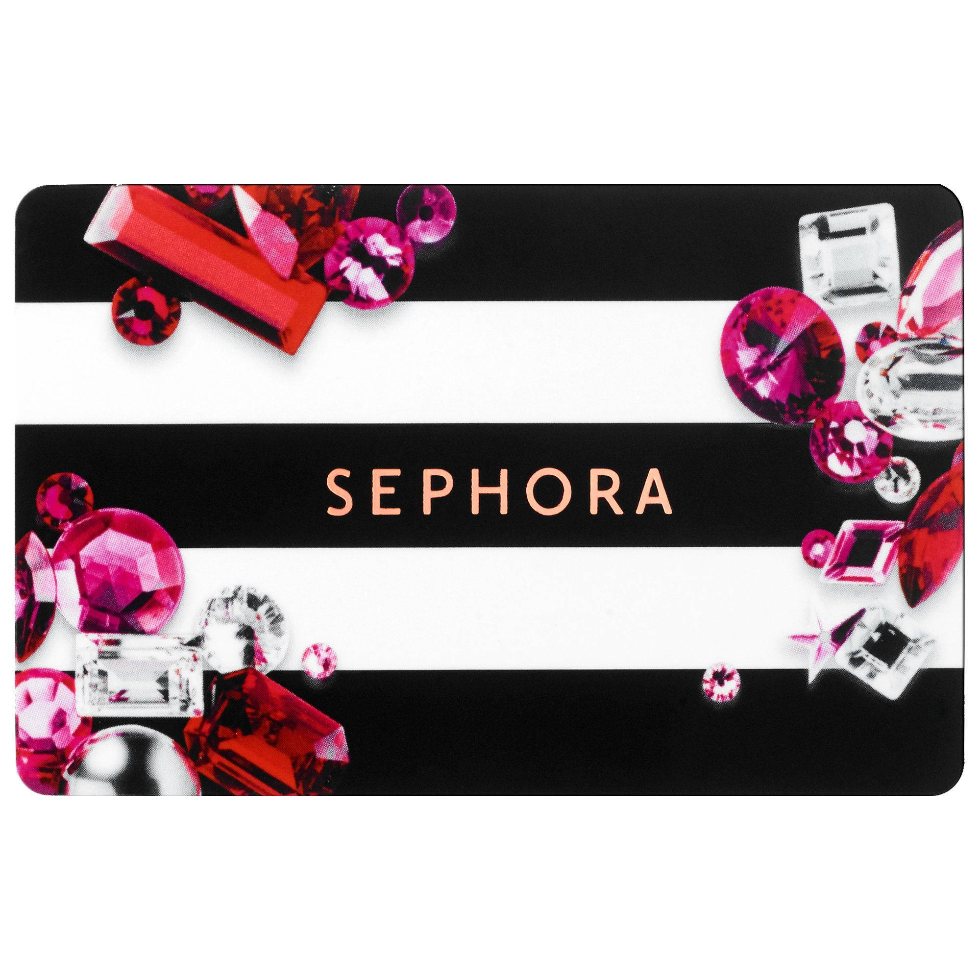 Sephora 美妝禮券 壁紙 — 一張Sephora禮品卡，帶有醒目的黑白條紋，飾以閃亮的粉紅色和紅色寶石。