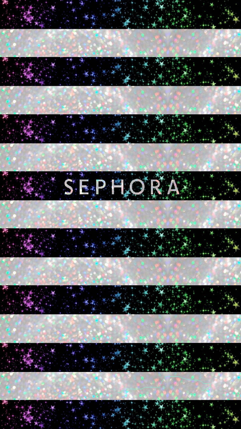 Sephora 閃耀美學 壁紙 — 交替的黑色和銀色條紋閃爍著彩色閃粉星星，中間是白色的SEPHORA字樣。