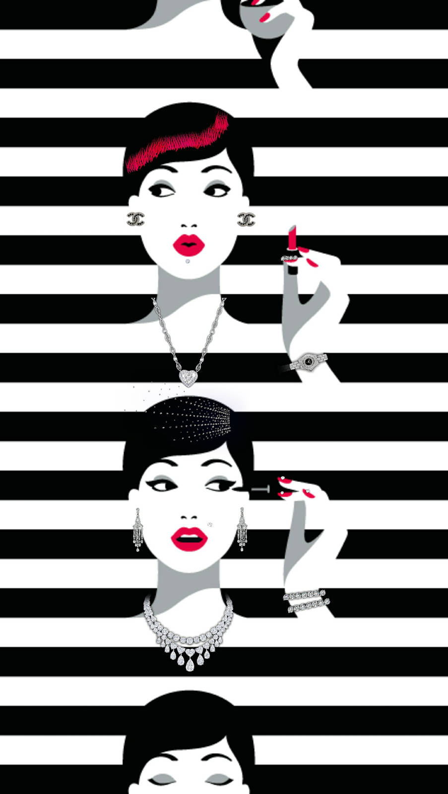 Sephora 高級時尚風 壁紙 — 風格化的插圖女性，身著黑白條紋，搭配大膽紅唇和奢華配飾。