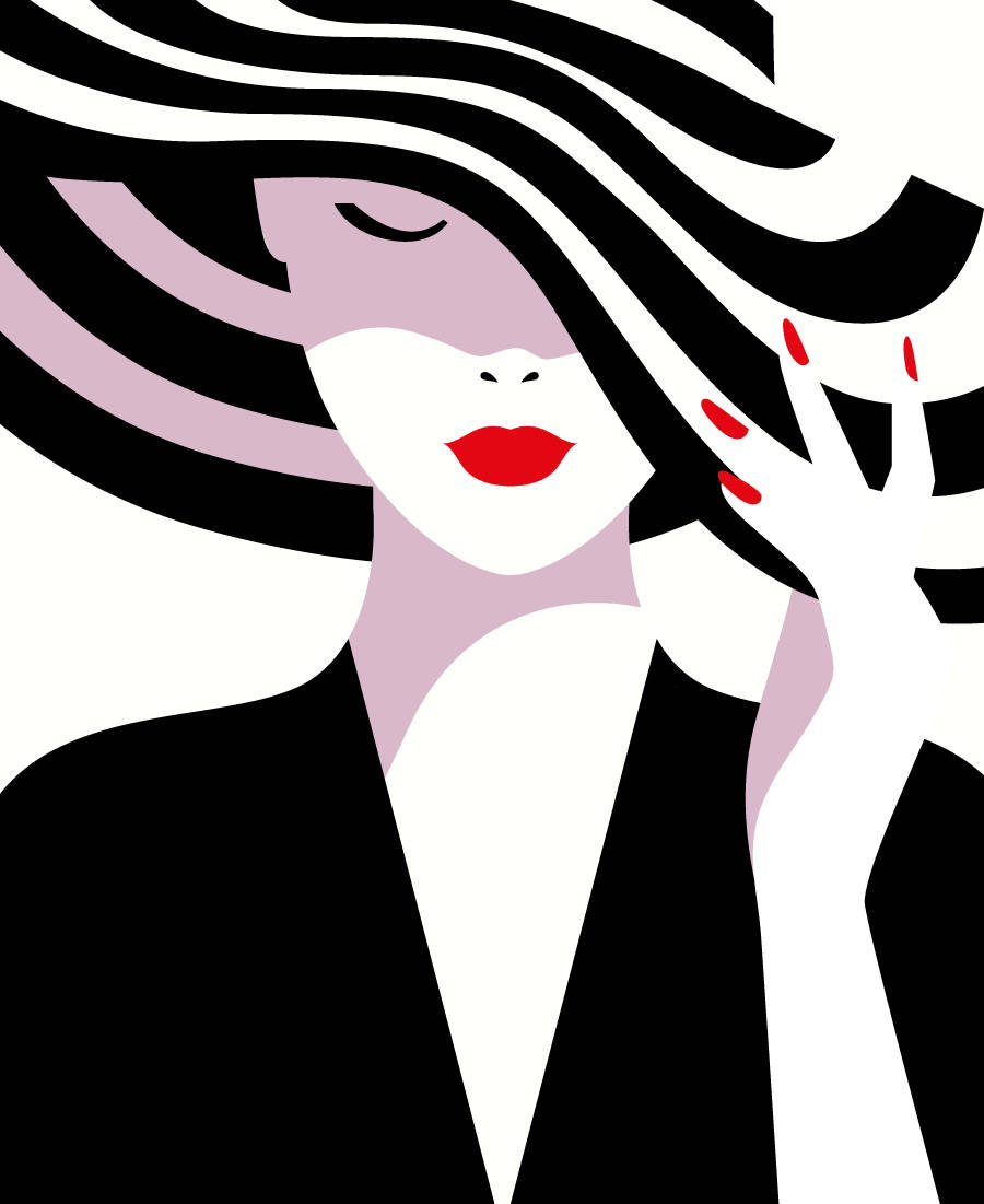 Sephora女性藝術 壁紙 — 一位風格化的女性，擁有飄逸的黑白頭髮，在純白背景上用紅色指甲觸摸臉龐。