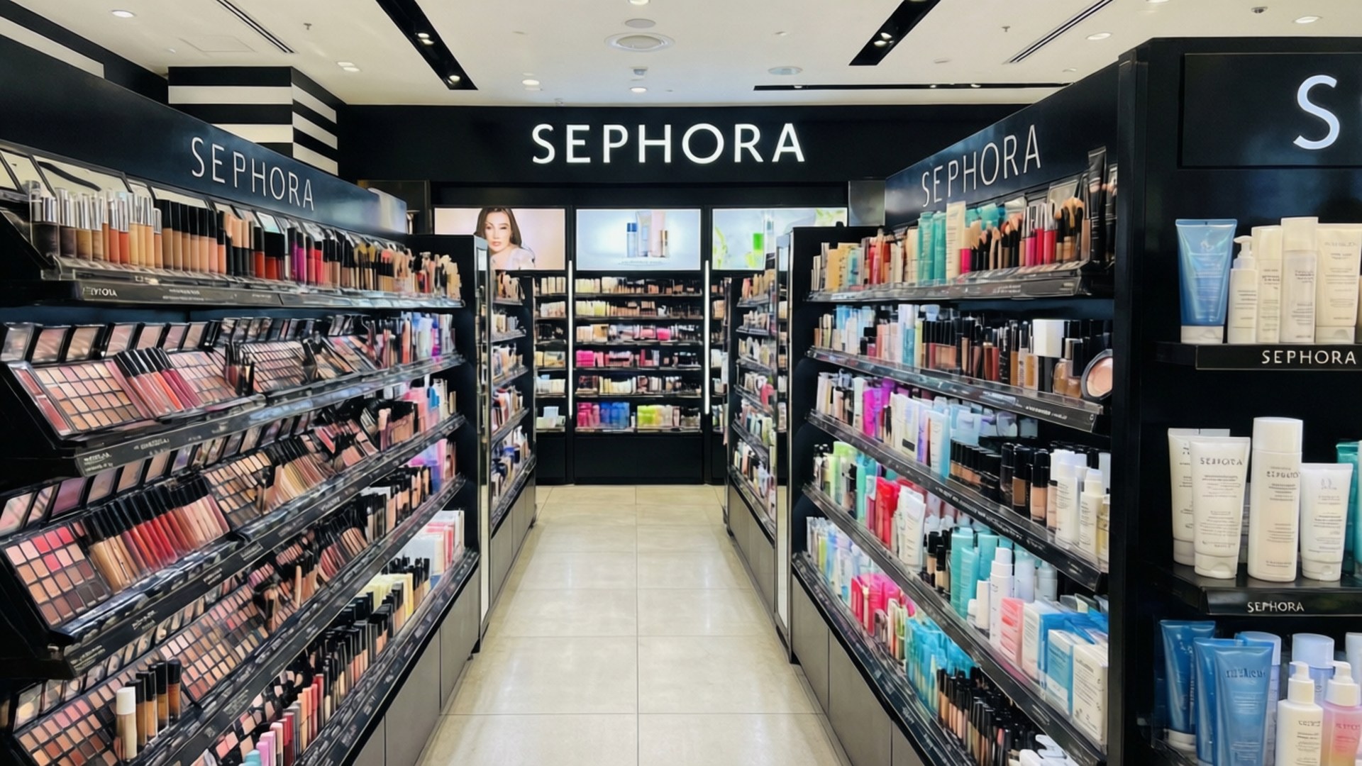 Sephora店內通道，貨架上擺滿化妝品和護膚產品