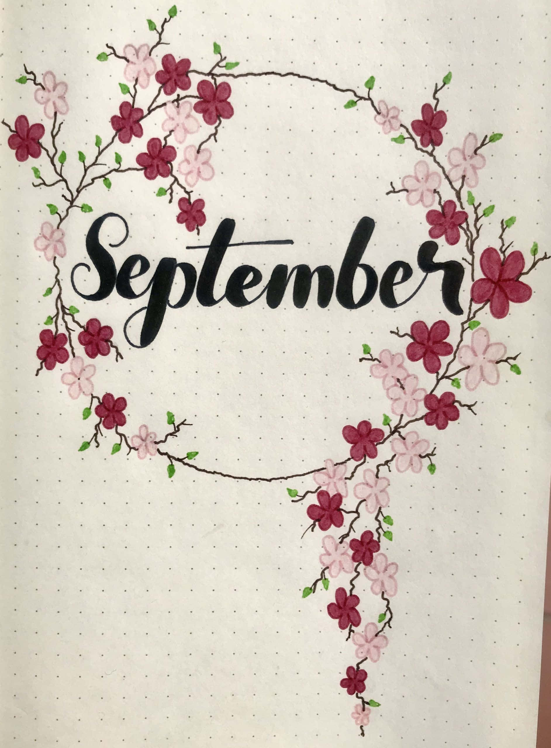 九月 桌布 壁紙 — 「September」這個詞以黑色墨水優雅地書寫，在點點紙上被粉紅色和洋紅色的櫻花精緻花環環繞。