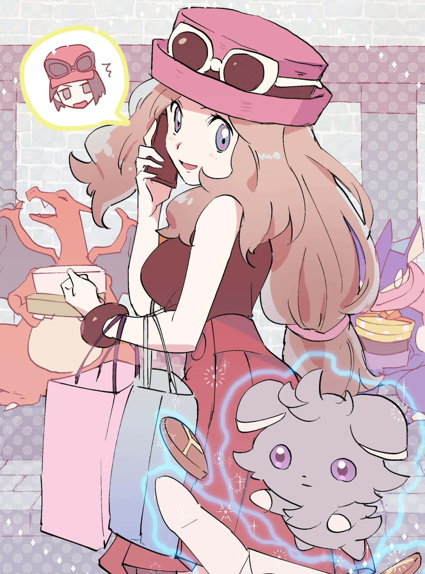 Serena 與 Espurr 購物 壁紙 — 一個戴著粉紅色帽子和連衣裙的開朗動漫女孩，一邊拿著購物袋一邊講電話，旁邊有一隻電系寶可夢。