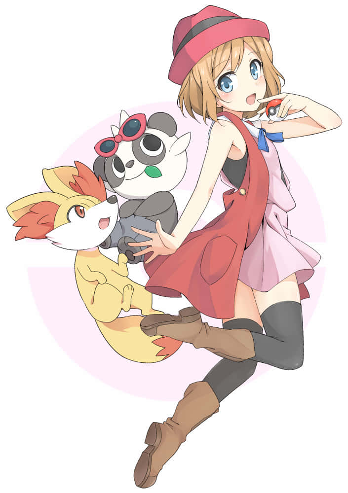 Serena 與 Pancham 和 Fennekin 壁紙 — 一個戴紅帽、穿紅裙的開心動畫女孩，拿著兩個寶可夢，並與一個精靈球一起擺姿勢。