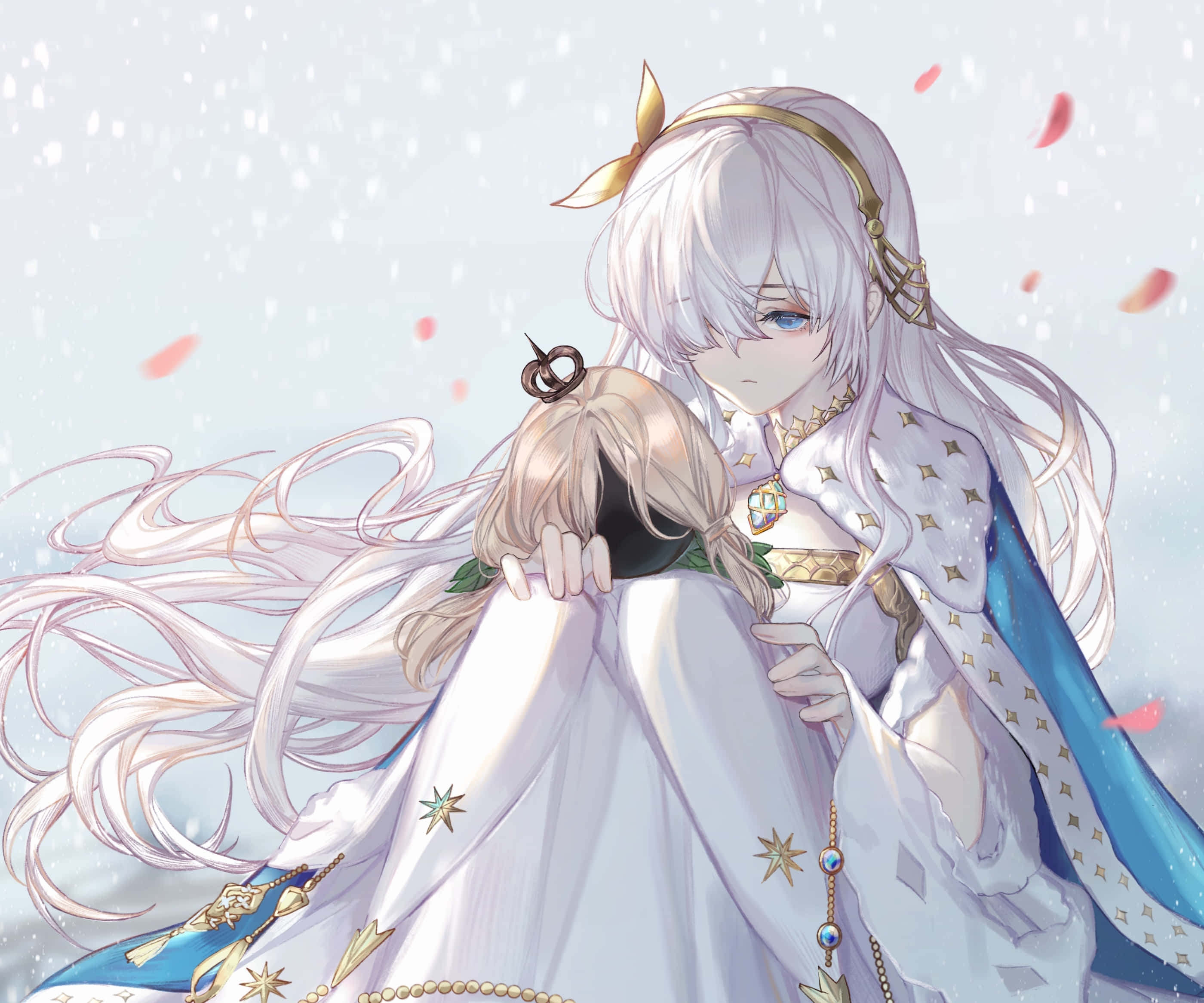 Anastasia Nikolaevna Romanova 桌布 壁紙 — 一位擁有銀色頭髮和藍色眼睛的寧靜動漫女孩，在雪景中輕輕擁抱著一個較小的身影，周圍有粉紅色的花瓣飄落。