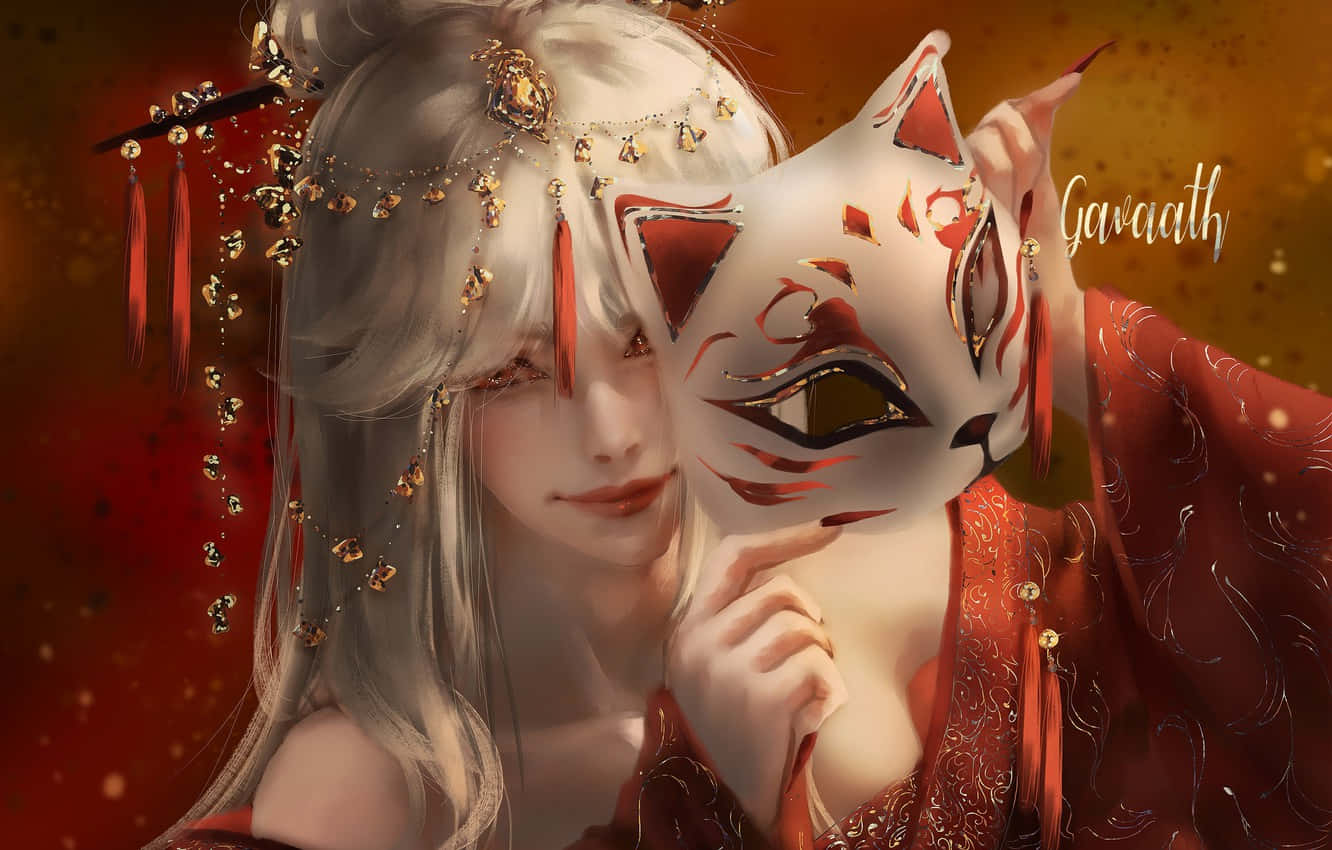 Genshin Impact Ningguang 桌布 壁紙 — 一位寧靜的動漫少女，銀色頭髮，戴著華麗的頭飾，在溫暖發光的背景下，將紅白相間的狐狸面具貼在臉上。