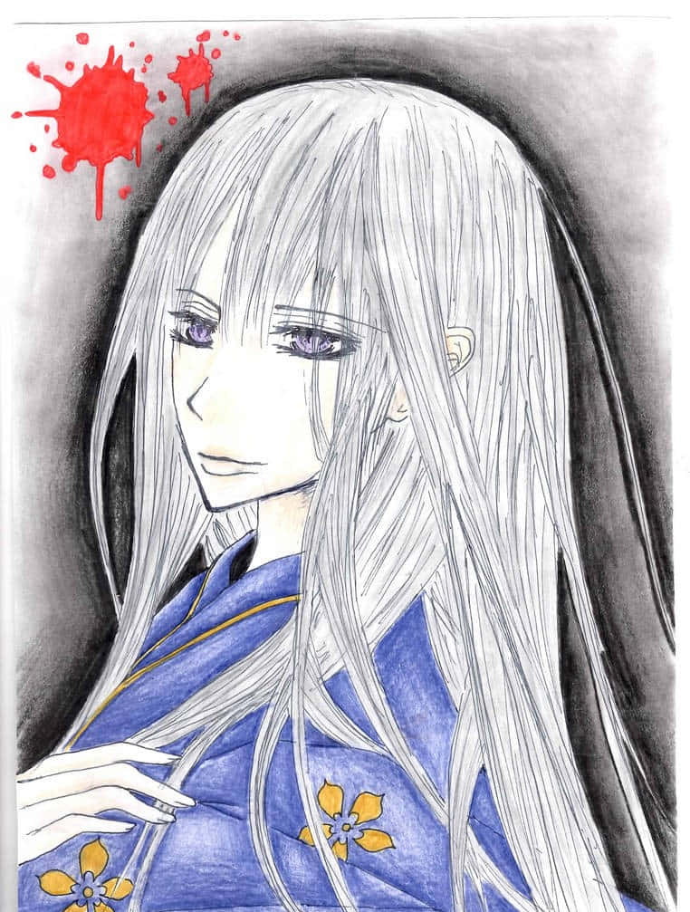 Shizuka Hio 桌布 壁紙 — 一位寧靜的動漫女孩，長著銀色長髮和紫色眼睛，穿著帶有黃色花朵的藍色和服，背景是帶有紅色飛濺的深色背景。