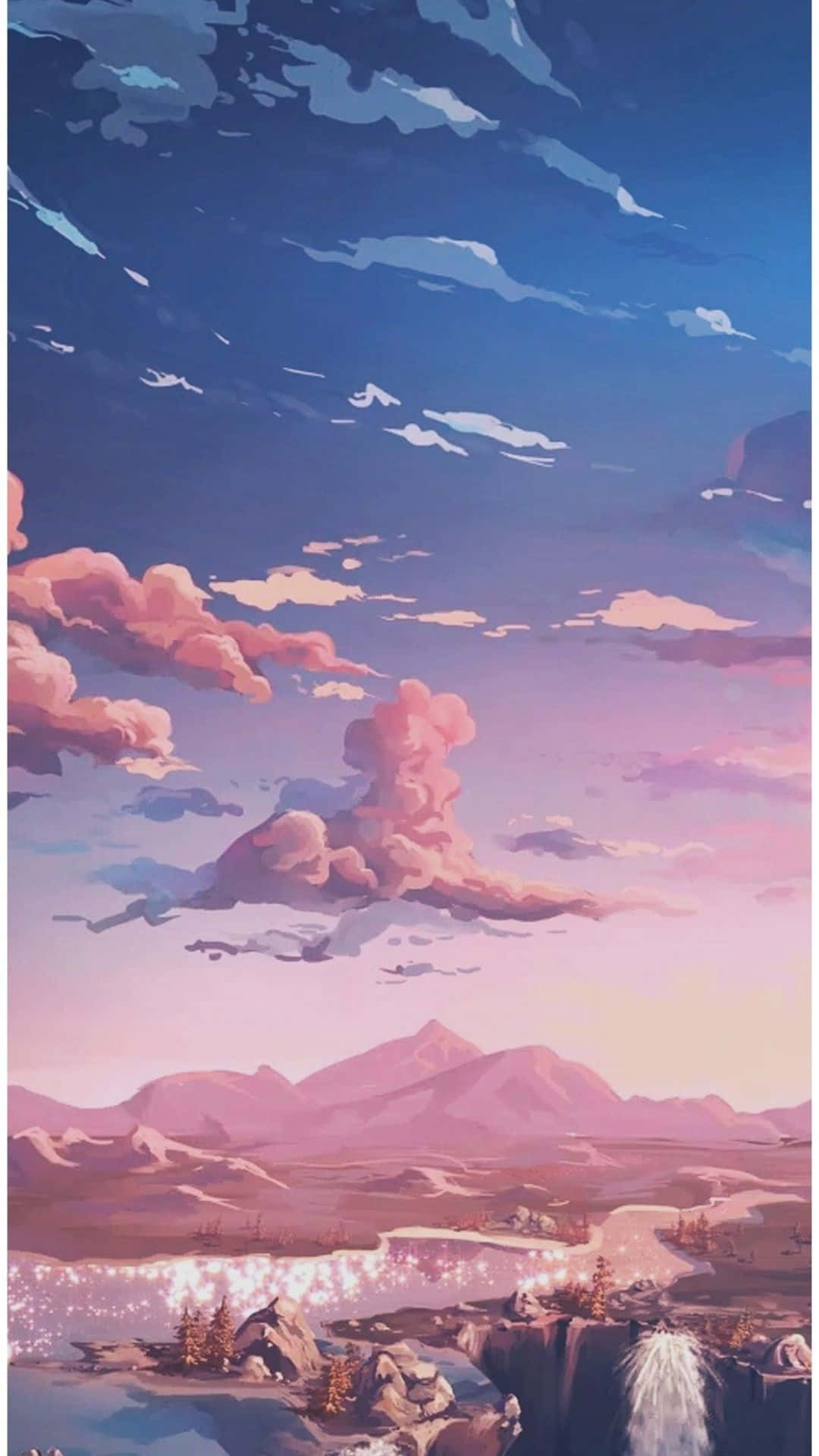 iPad——無限可能的世界 壁紙 — 黃昏時分，粉紅色的雲朵飄在紫色山脈之上，閃爍的河流穿過其間，呈現寧靜的動漫風格景觀。