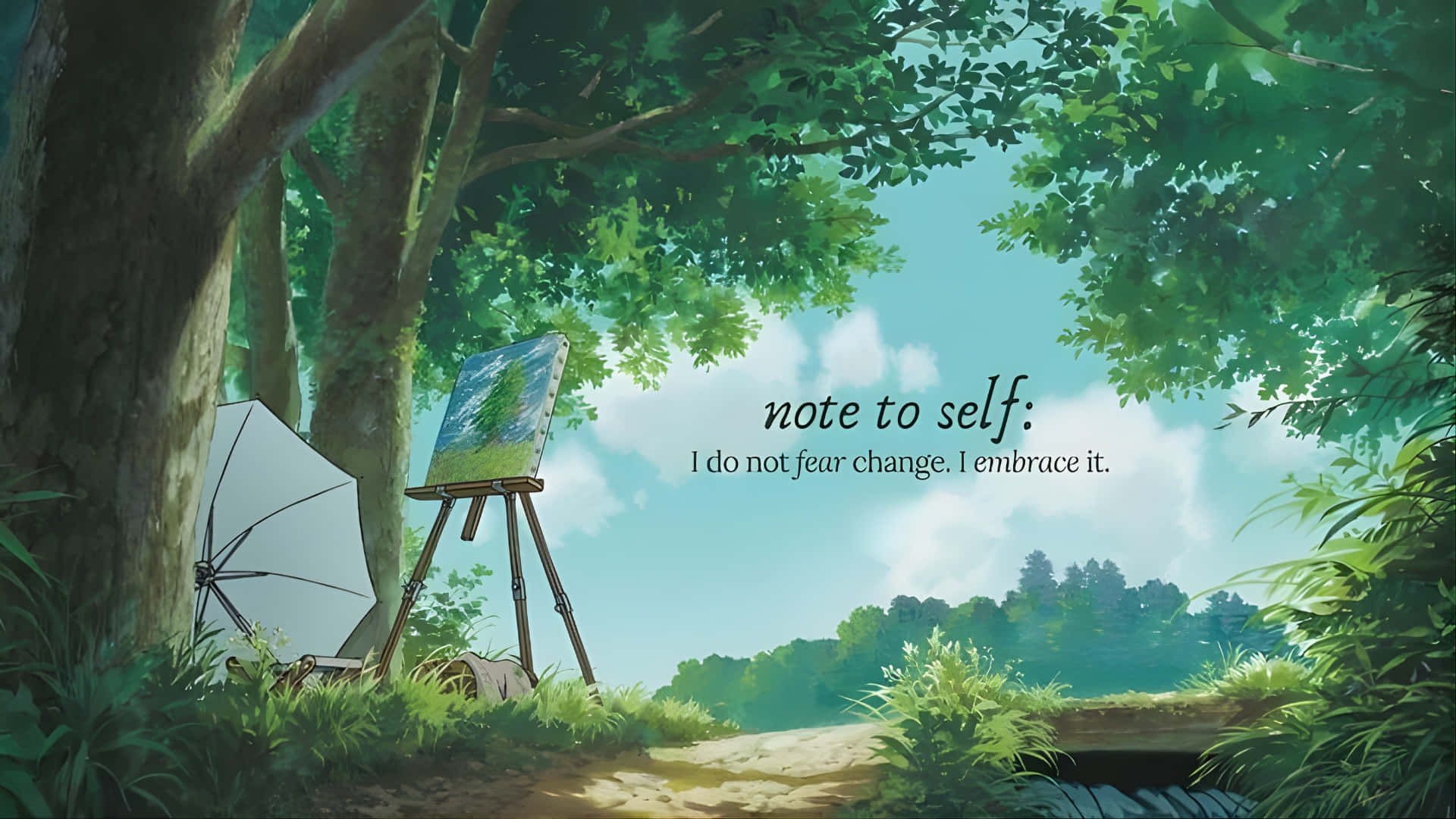  壁紙 — 一個寧靜的動畫風格森林場景，畫架上展示著一棵畫好的樹、一把白色雨傘，以及在明亮藍天下鼓舞人心的文字。