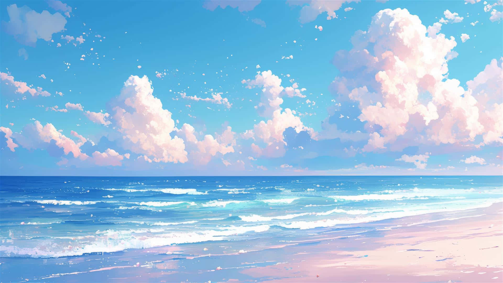  壁紙 — 寧靜的海灘場景，綠松石色的海浪拍打著粉紅色的沙灘，天空佈滿柔和的粉紅色和藍色雲彩。