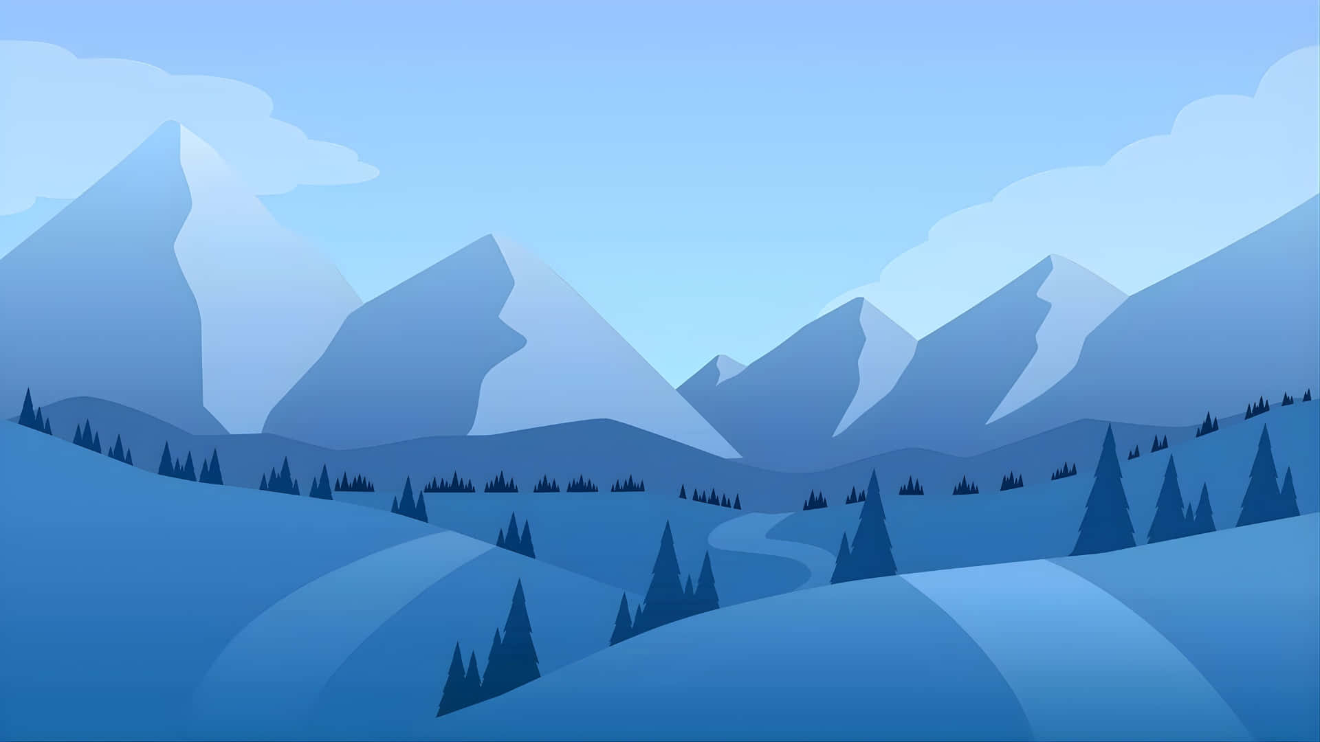  壁紙 — 寧靜的藍色調山景，白雪覆蓋的山峰和蜿蜒的小徑穿過常綠森林，天空晴朗。
