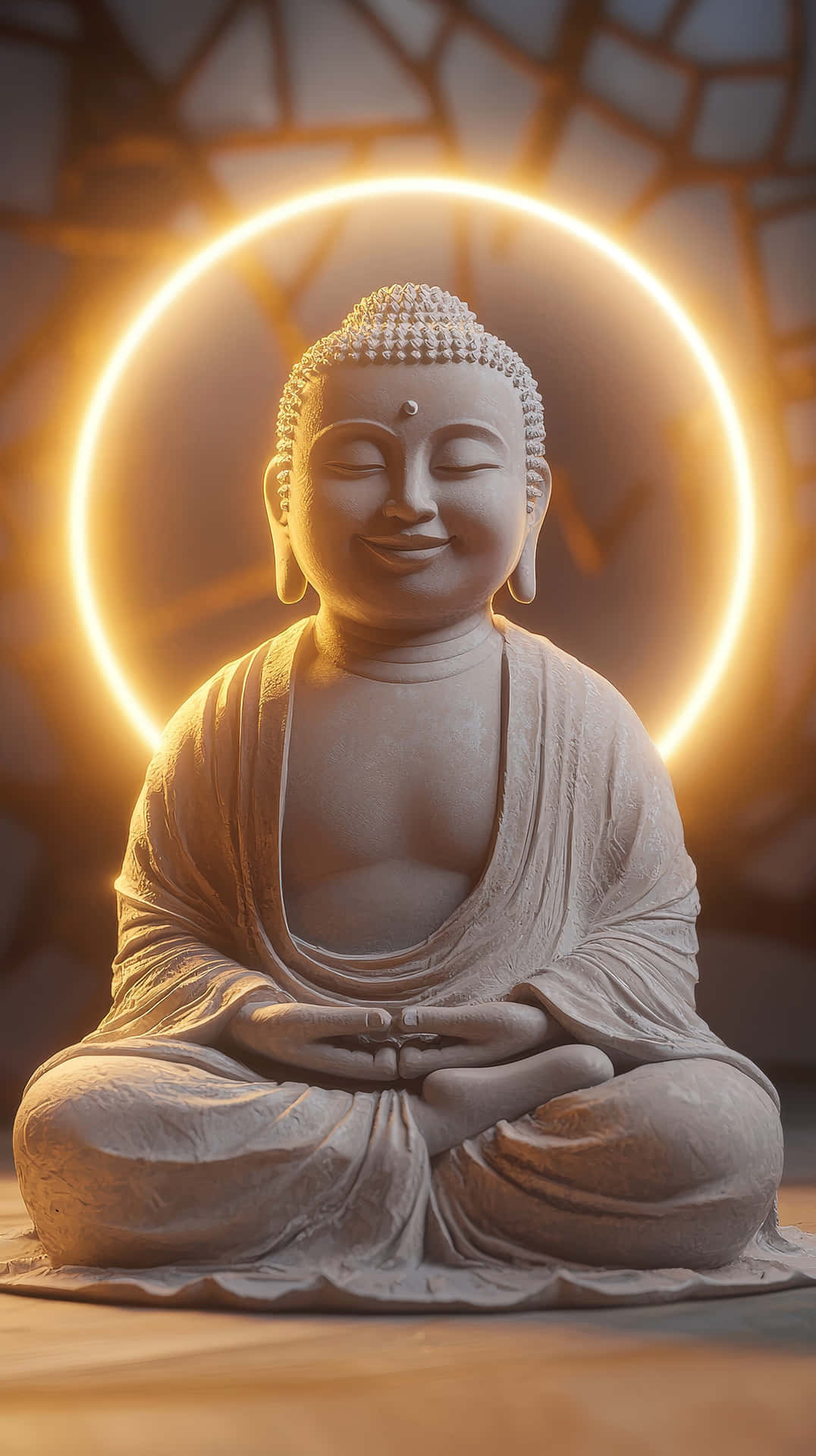 石佛像以冥想姿勢坐著，身後有發光的金色光環