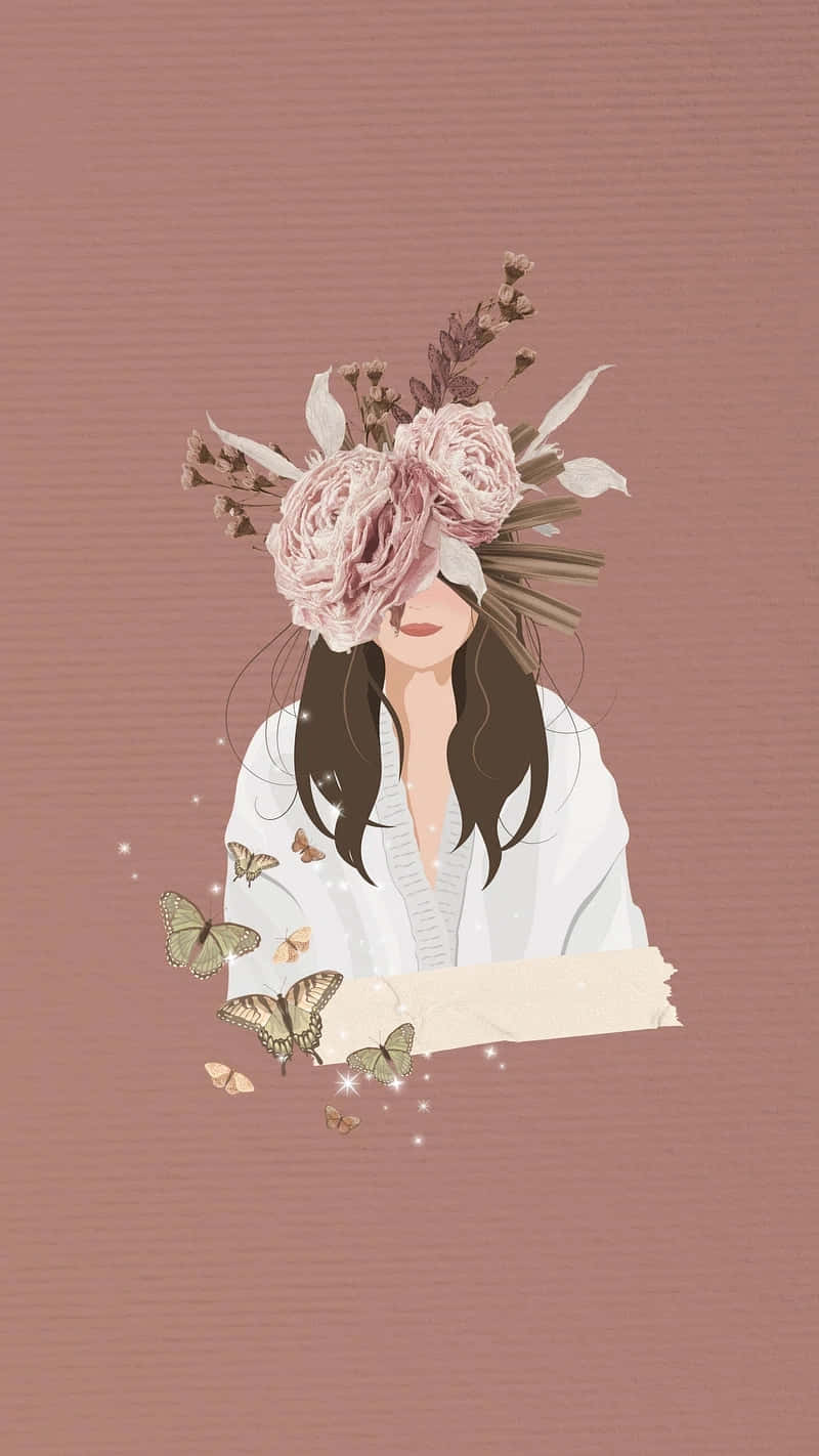 戴花冠和蝴蝶的女性柔和粉彩插畫 — 唯美蝴蝶動圖 壁紙