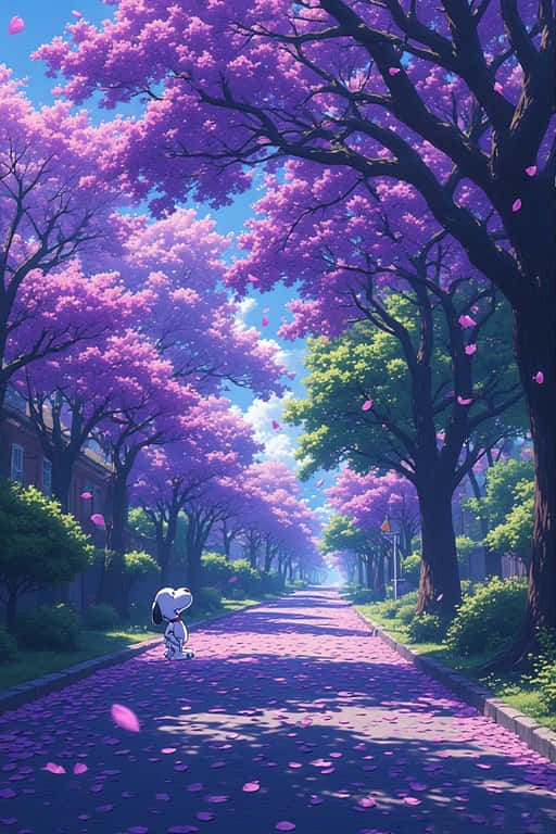 史努比在盛開的樹木下走在一條鋪滿紫色花瓣的街道上