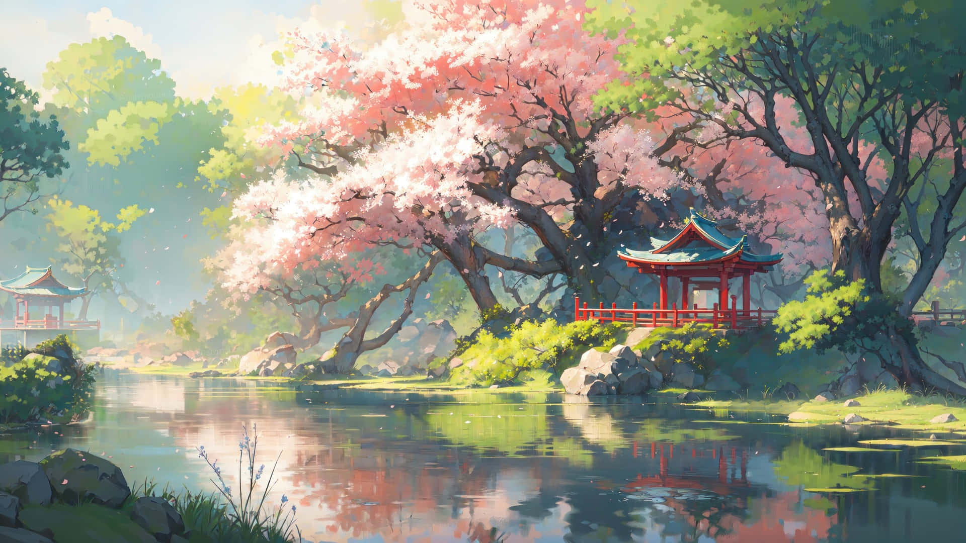  壁紙 — 一個寧靜的日本花園，盛開的櫻花樹倒映在紅色木亭旁的平靜池塘中。