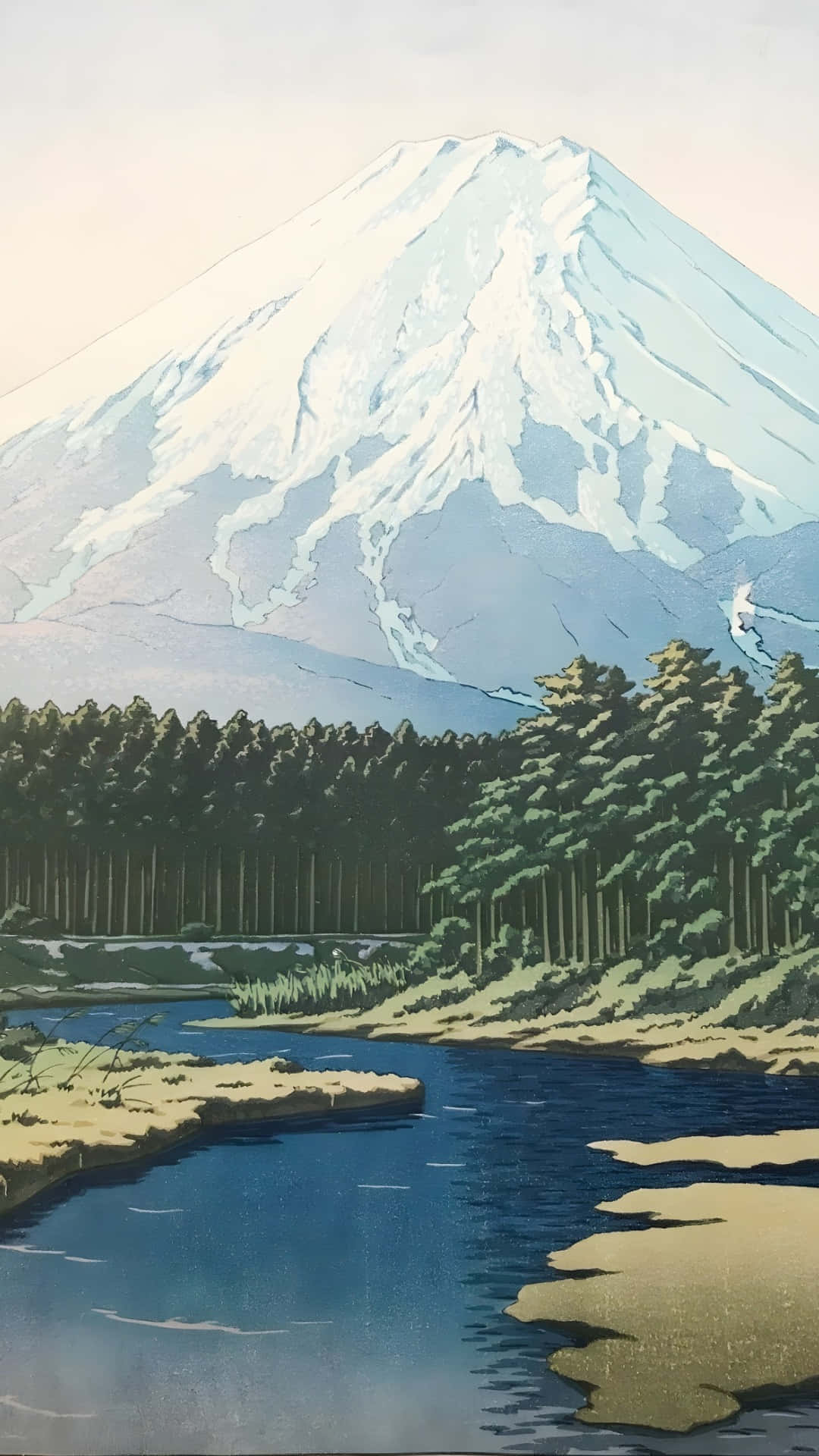  壁紙 — 一幅寧靜的日本木版畫，描繪了積雪的富士山倒映在平靜的河流中，河岸兩旁是茂密的常青樹。