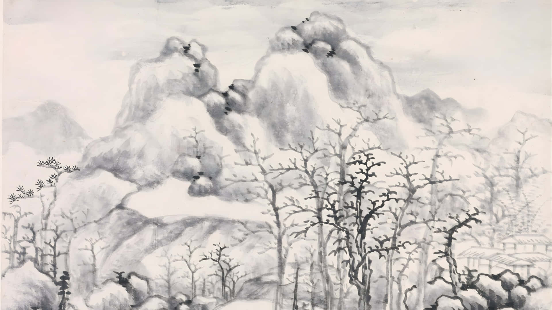  壁紙 — 一幅寧靜的單色水墨畫，描繪了雪覆蓋的山脈和冬日裸樹，在柔和天空下。