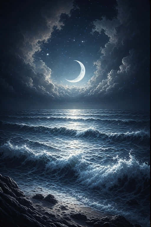 Serene Moonlit Ocean Silver Waves & Crescent Moon 4K 壁紙 — 一彎新月穿過暴風雲層發光，照耀著波濤洶湧的大海撞擊岩石海岸。