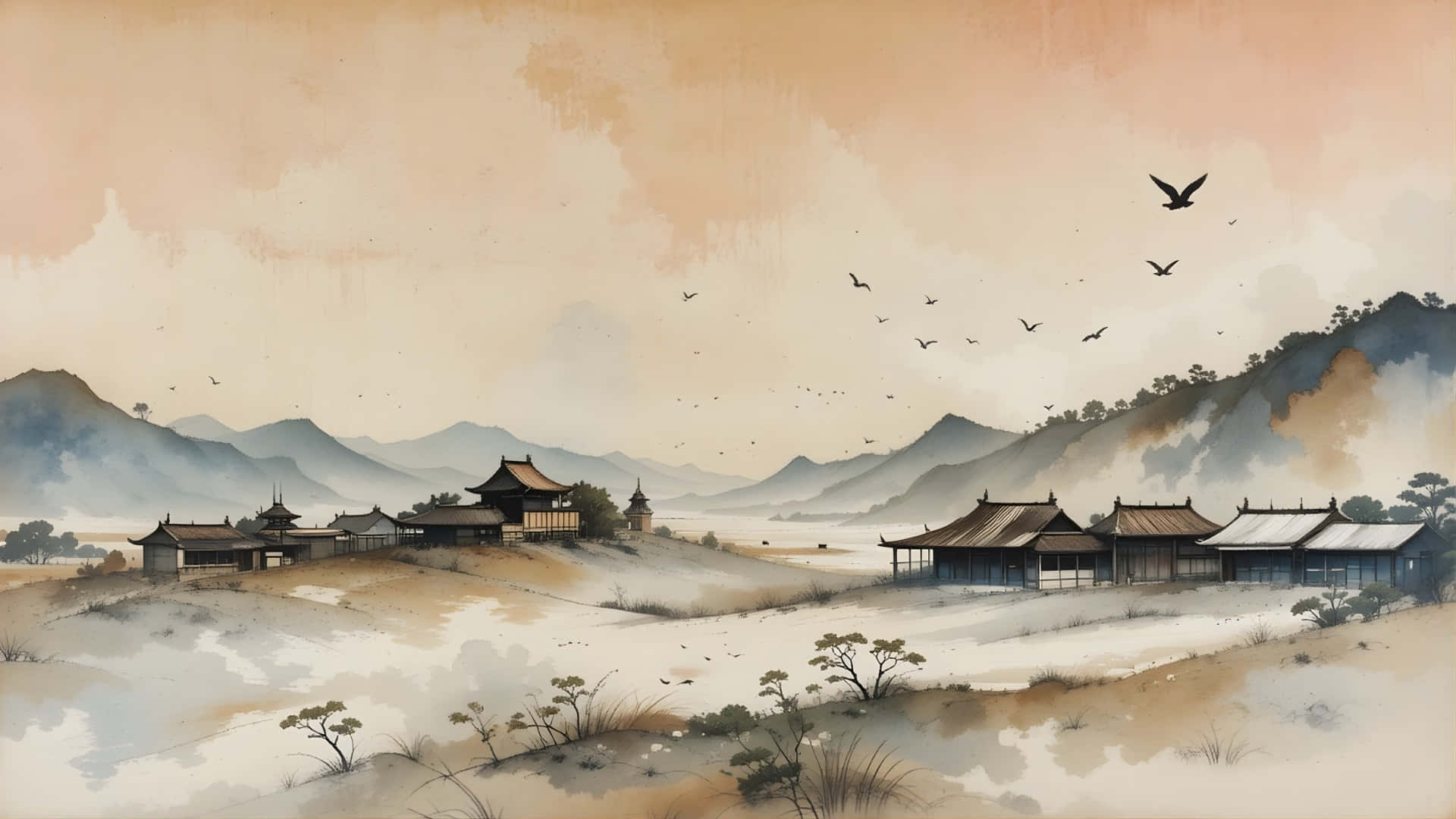  壁紙 — 寧靜的傳統東亞村莊坐落在霧氣繚繞的山巒中，鳥兒在柔和的桃色天空下飛翔。