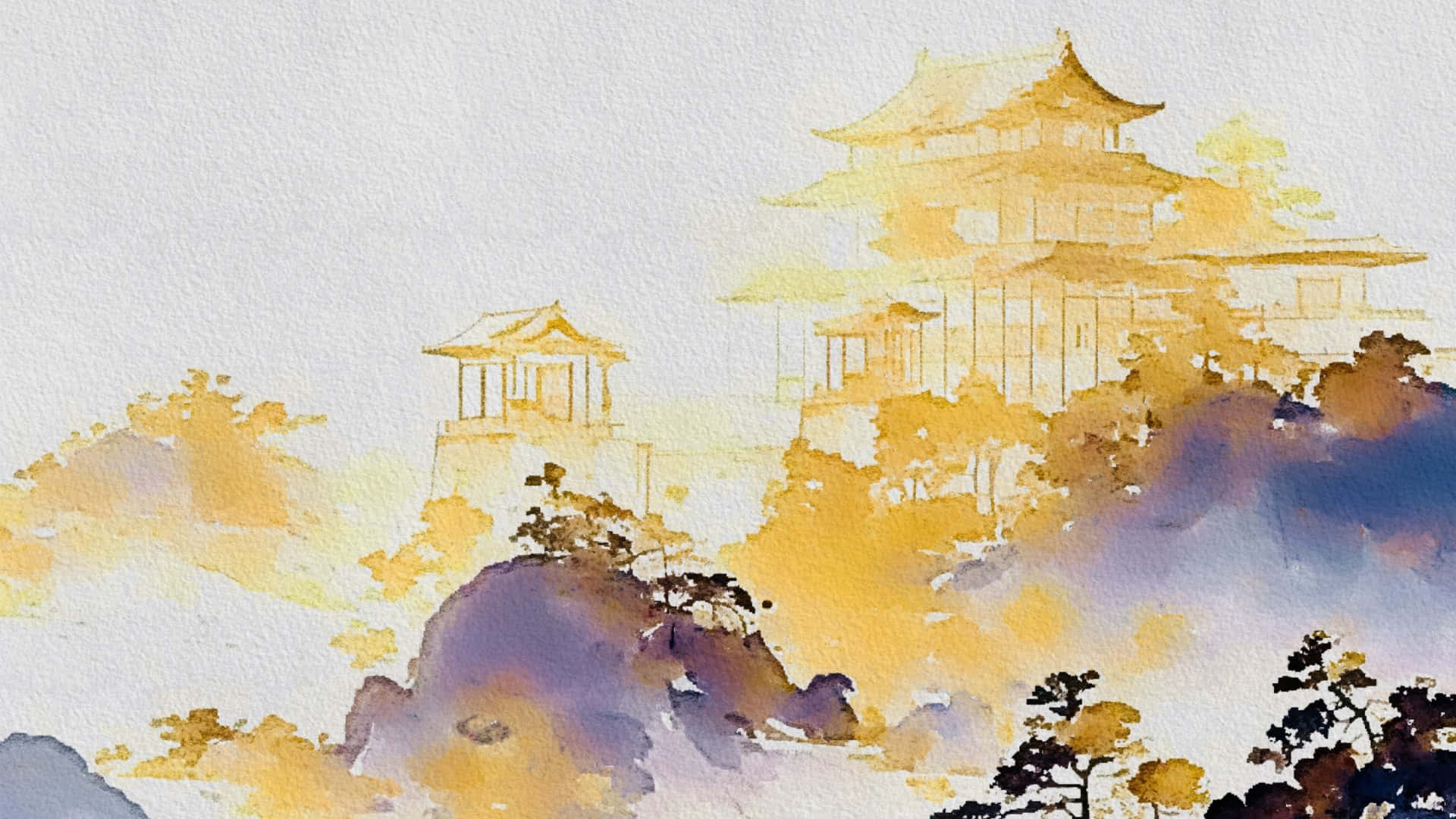 壁紙 — 一幅寧靜的水彩畫，描繪傳統日本寶塔坐落在秋色樹木和霧氣繚繞的山巒之間。
