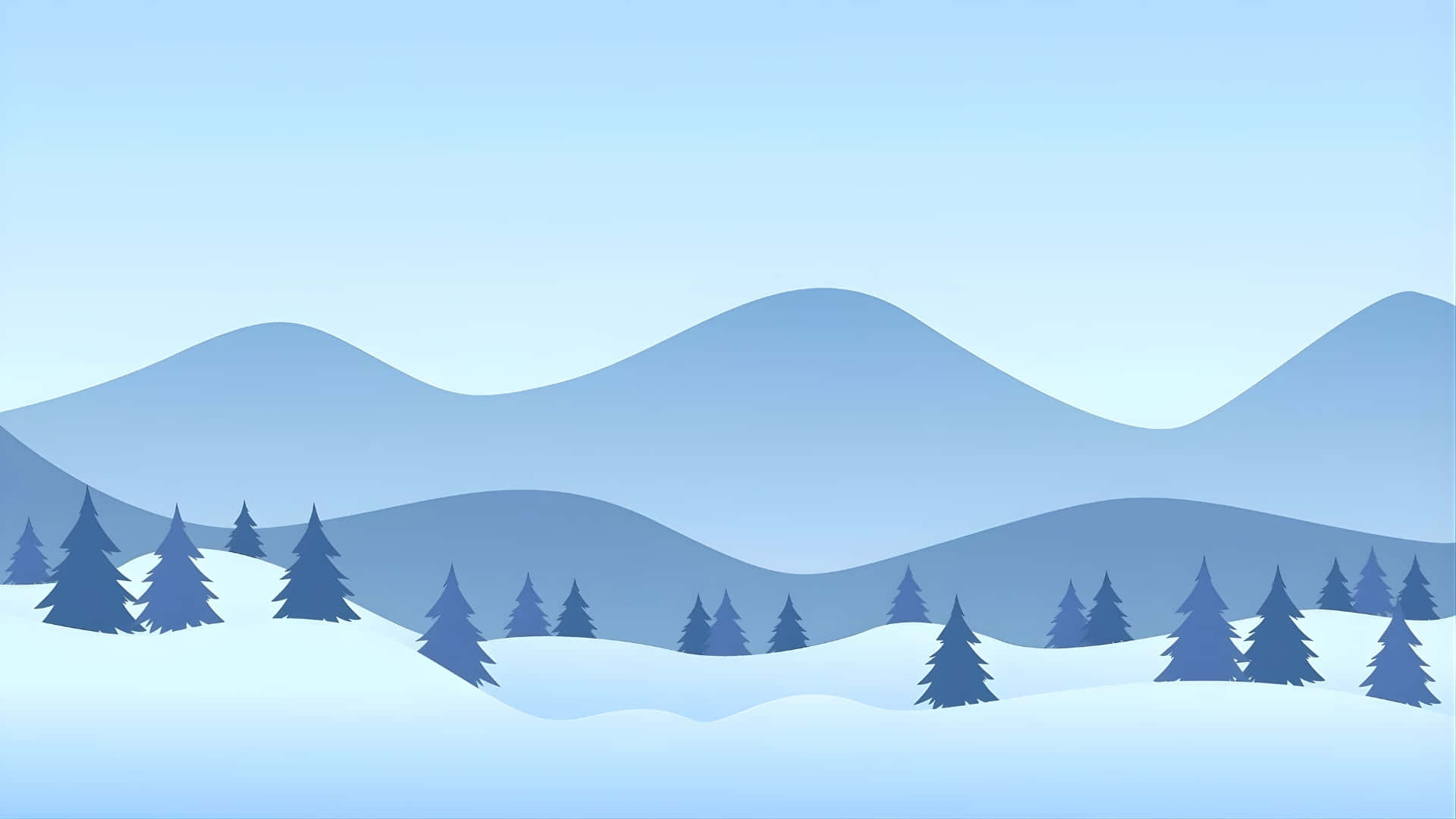  壁紙 — 寧靜的冬季景觀，白雪覆蓋的松樹和層疊的藍色山脈，在晴朗的天空下。
