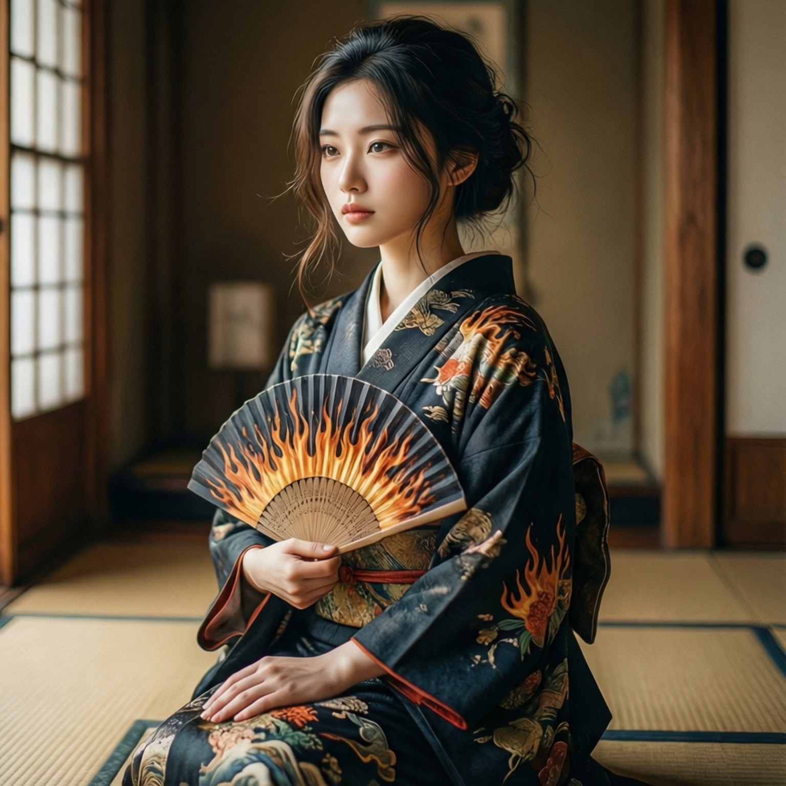 Maki Oze 桌布 壁紙 — 一位身穿深色花卉和服的寧靜女子坐在傳統木造房間的榻榻米上，手持一把火焰扇。