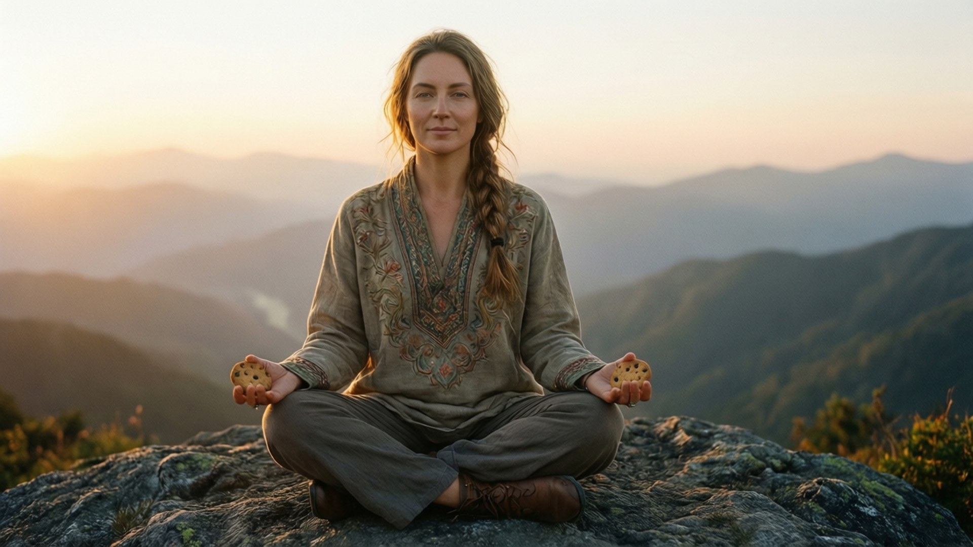 桌布 壁紙 — 一位寧靜的女性在日落時分盤腿坐在山頂上冥想，手持圖案石頭，身後是迷霧山谷。