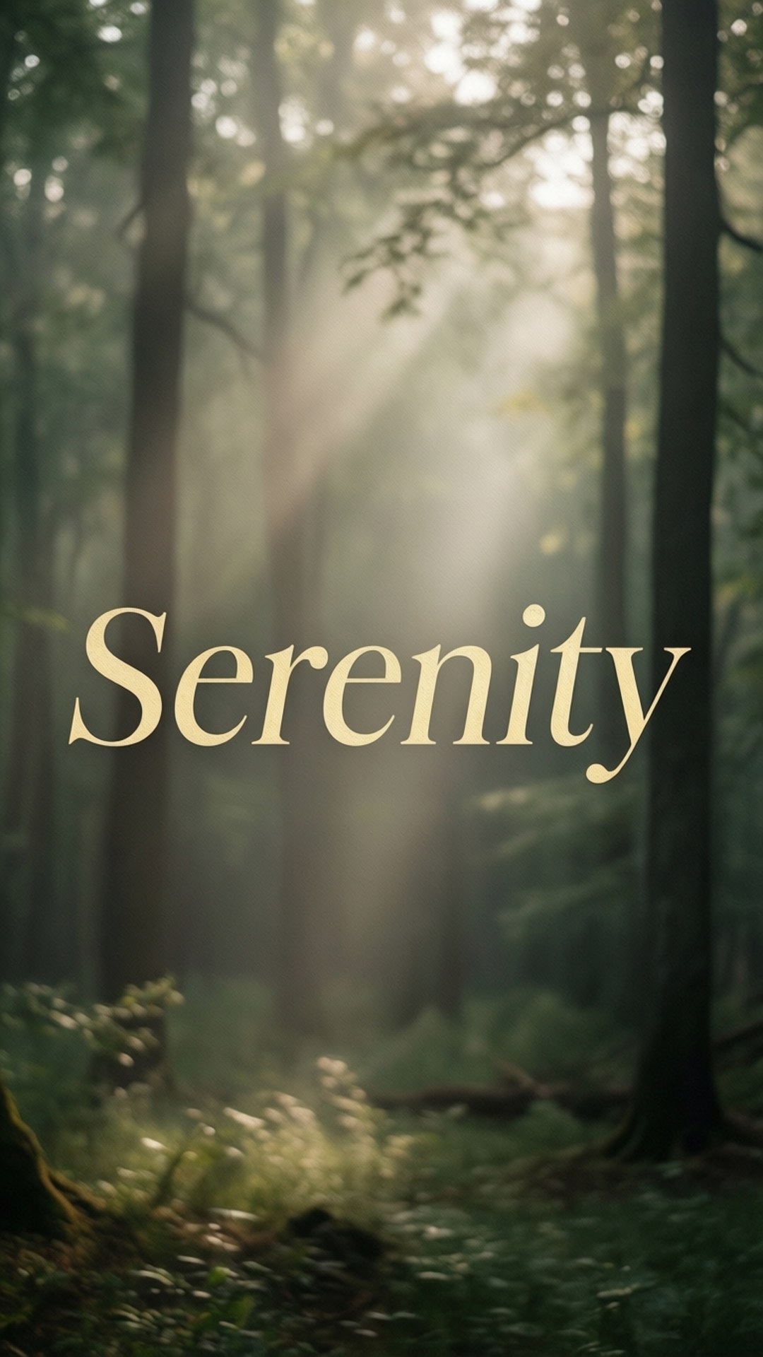 在陽光照耀的霧氣森林中，高大的樹木和綠色苔蘚間，「Serenity」文字發光