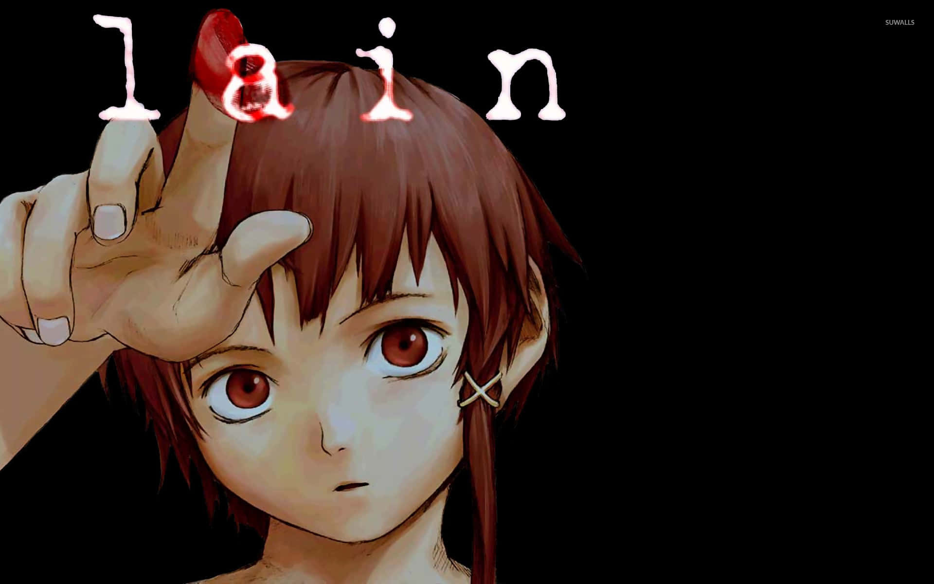 棕色頭髮和紅色眼睛的動漫女孩將手指放在額頭上，上方有「lain」文字。