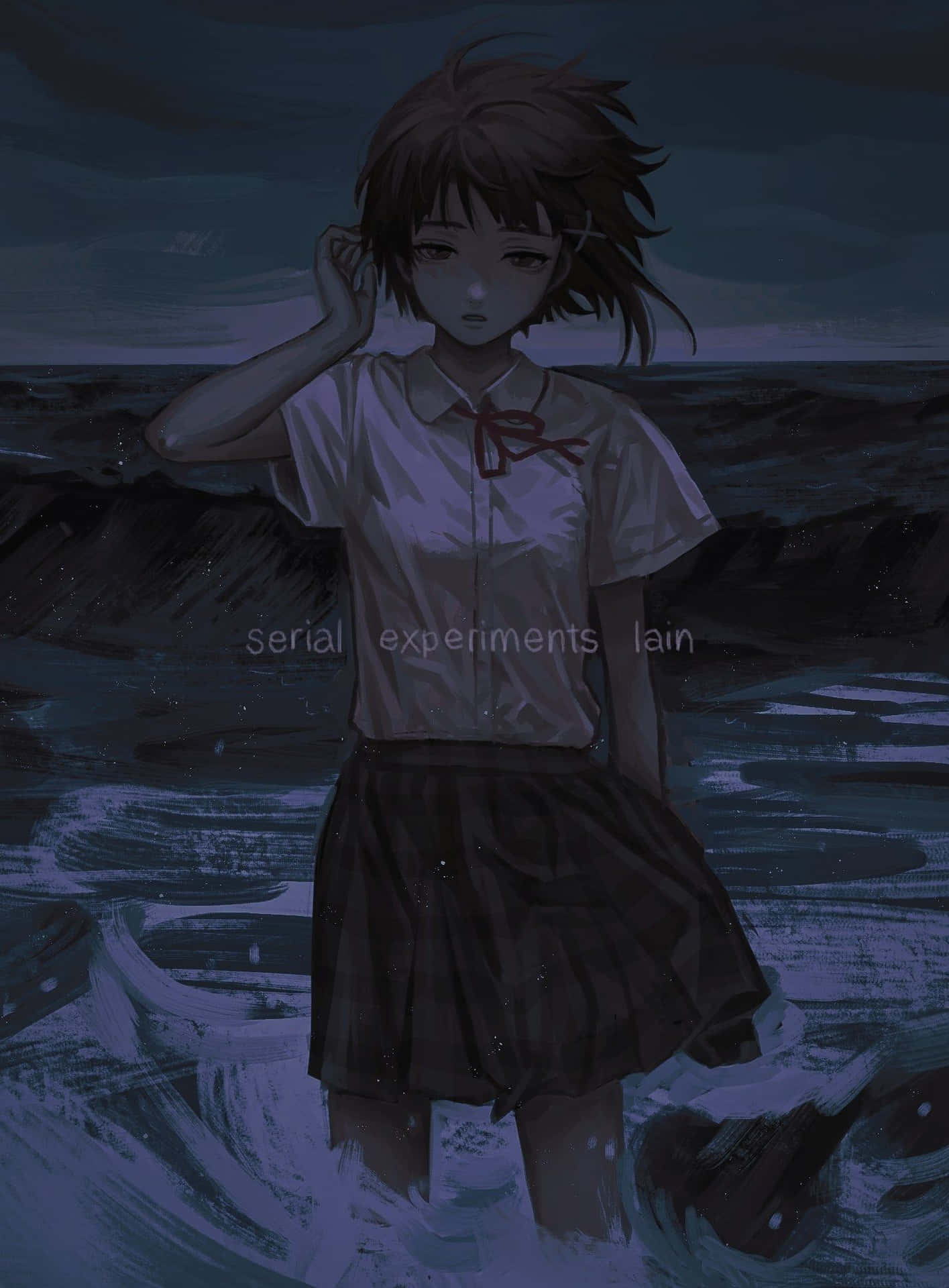 穿著校服的動漫女孩在暴風雨的天空下，夜晚站在黑暗的水中。