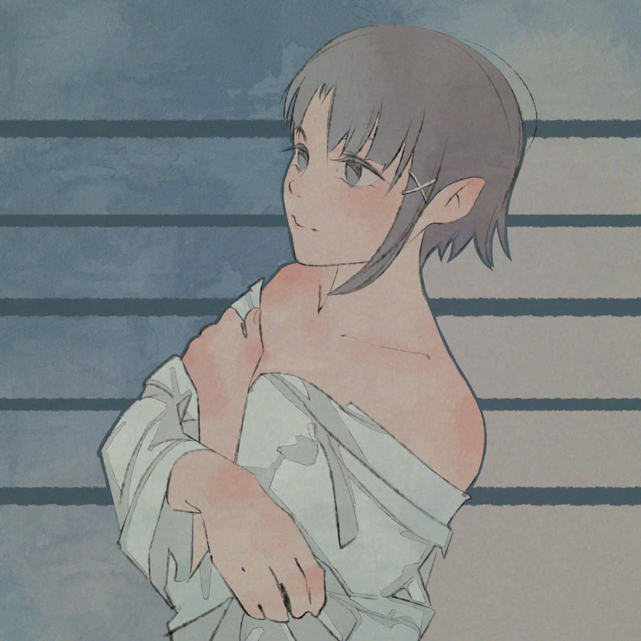 灰髮精靈耳動漫女孩，水彩風格，白色襯衫半開，靠著條紋牆。