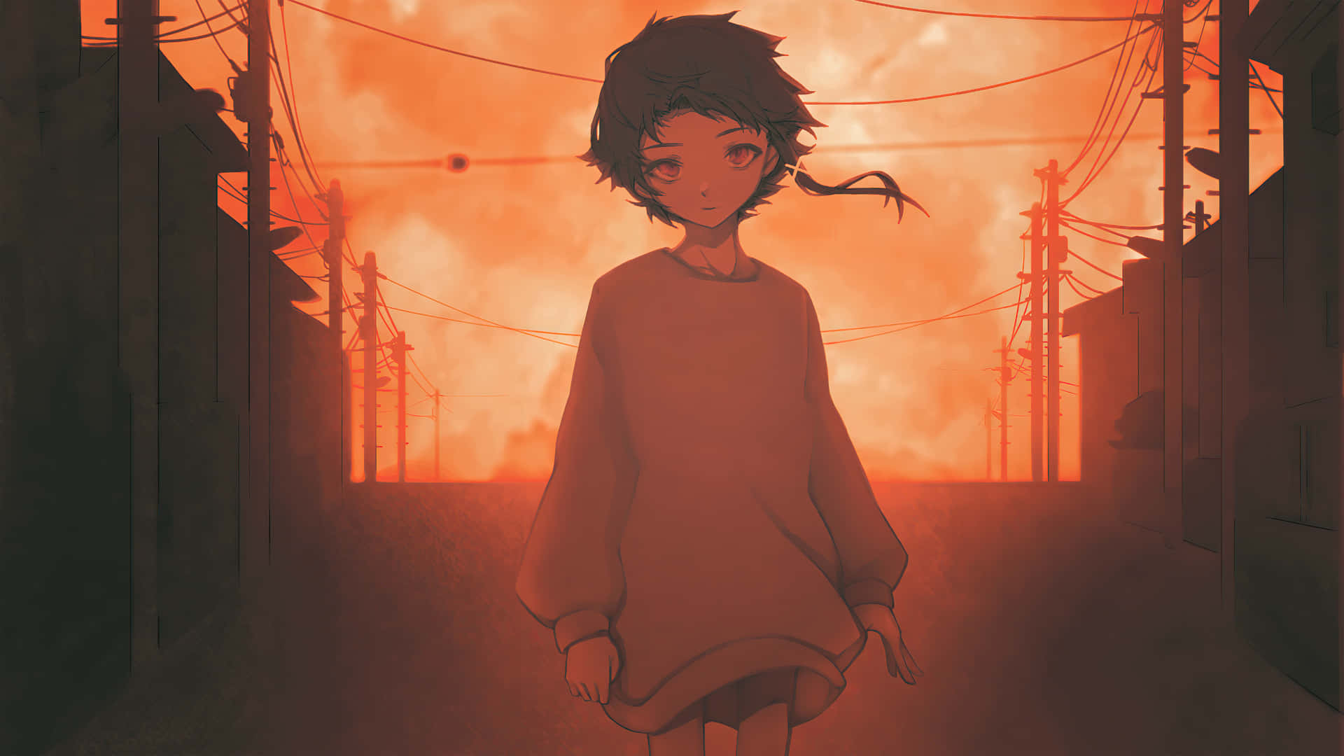 動漫女孩站在夕陽下的小巷中，天空橙色，有電線。
