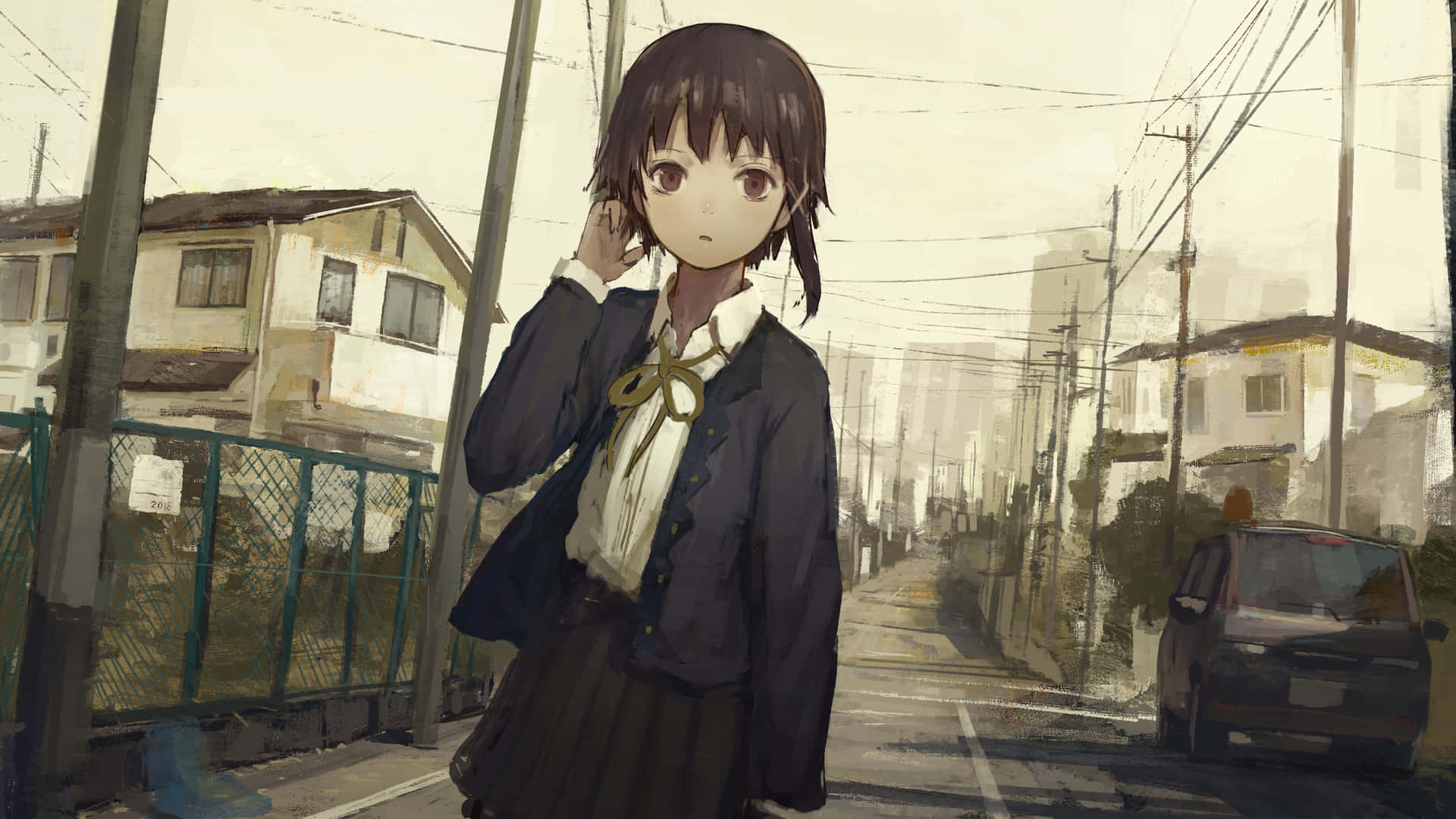 穿著校服的動漫女孩站在寧靜的郊區街道上