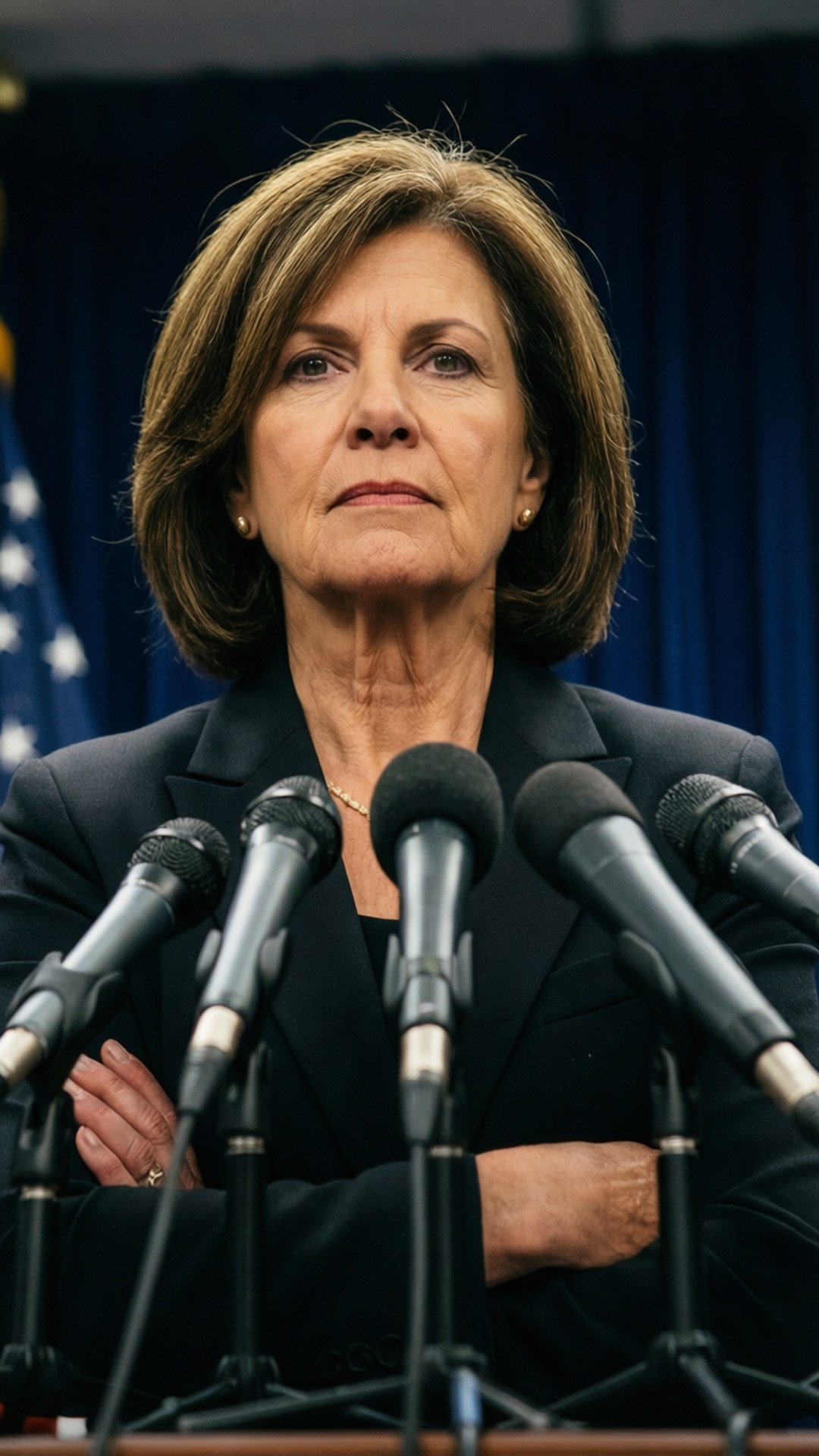 Press Conference Stance 壁紙 — 一位穿著黑色西裝的嚴肅女性站在麥克風後面，雙臂交叉，背景是藍色窗簾和美國國旗。