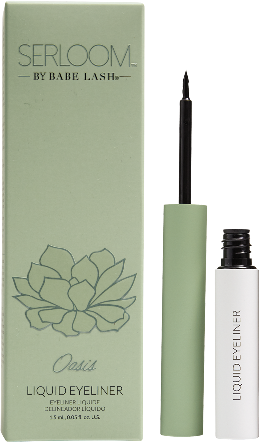 Serloom Oasis 液體眼線筆包裝與產品 壁紙 — 一個簡約的綠色和白色液體眼線筆套裝，盒子上有肉質植物設計，附有精細刷頭塗抹器。