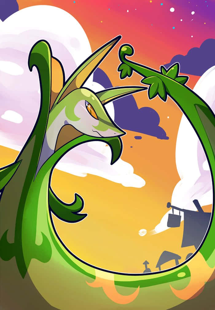 Serperior 色彩插畫 壁紙 — 一條充滿活力的綠色龍，帶有葉狀附肢，盤繞在一個圓形傳送門周圍，顯露出一個在多彩暮色天空下的古雅村莊。