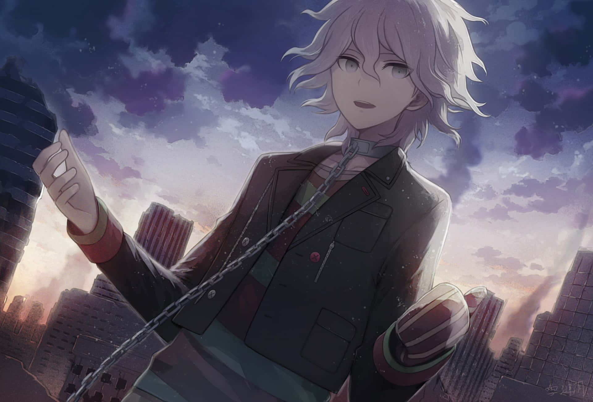 Servant雙手張開 Danganronpa頭像 壁紙 — 一個銀髮動漫角色穿著深色外套，站在廢墟城市上空戲劇性的紫色日落前。