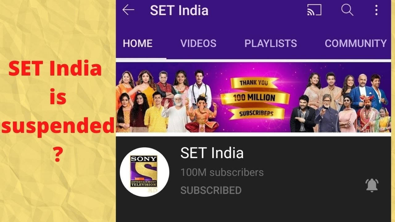 SET India YouTube 影片縮圖 壁紙 — SET India 的 YouTube 頻道頁面，以充滿活力的紫色橫幅慶祝 1 億訂閱者，並展示微笑的演員陣容。