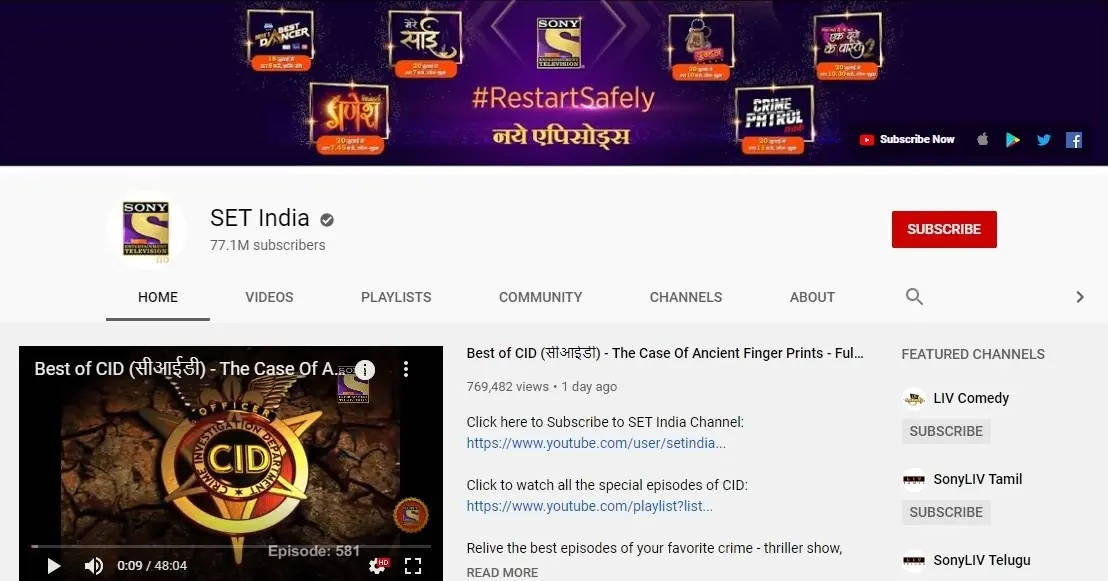 SET India YouTube 頻道 壁紙 — SET India 的 YouTube 頻道頁面，展示犯罪驚悚節目 CID，附有推廣橫額和影片縮圖。